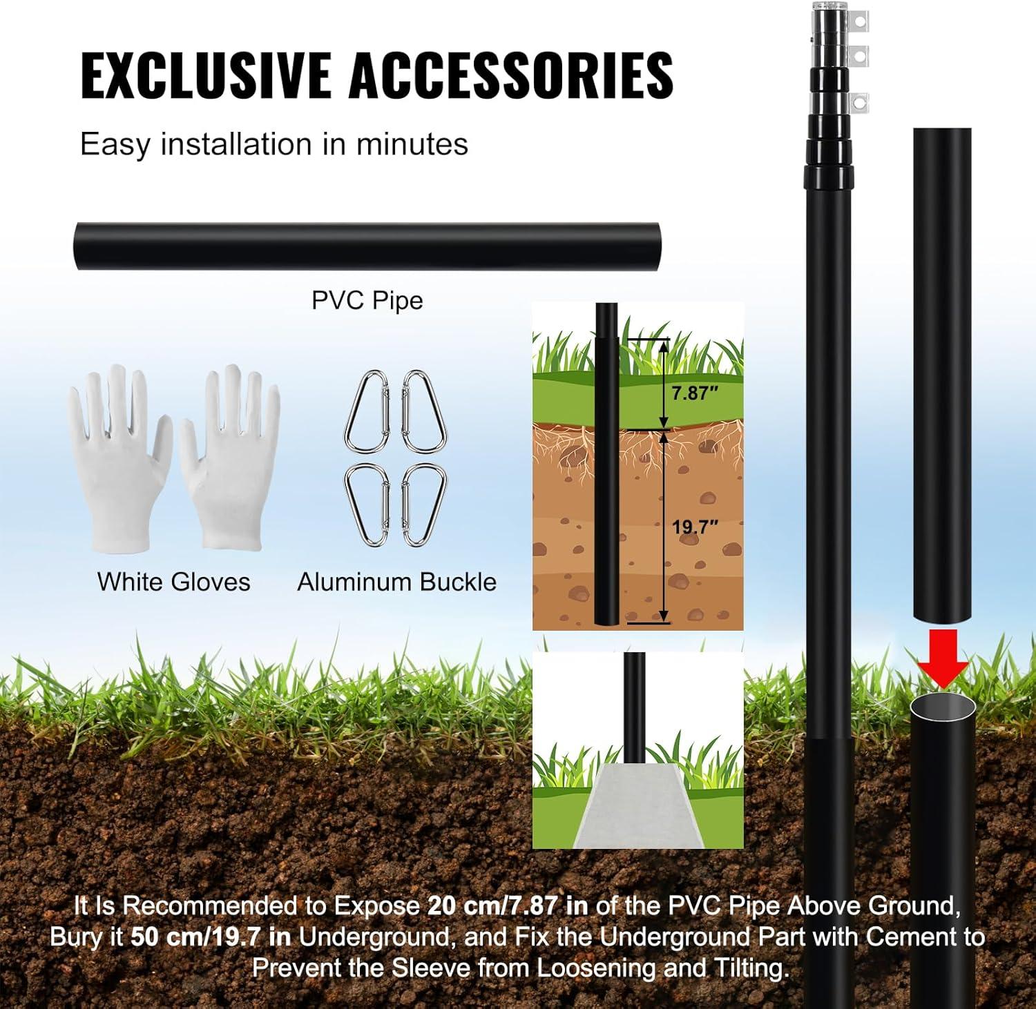 image:imageVEVOR 20FT Telescoping Flag Pole Kit Heavy Duty Aluminum Alloy in Ground Flag Poles for Outside 3 Display Modes Flagpole with 3x5 American Flag Professional Accessories SilverBlack