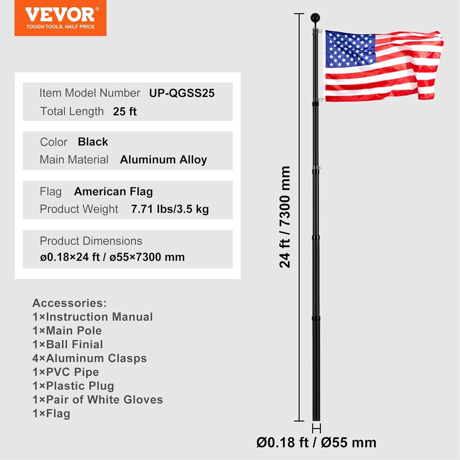 image:imageVEVOR 20FT Telescoping Flag Pole Kit Heavy Duty Aluminum Alloy in Ground Flag Poles for Outside 3 Display Modes Flagpole with 3x5 American Flag Professional Accessories SilverBlack