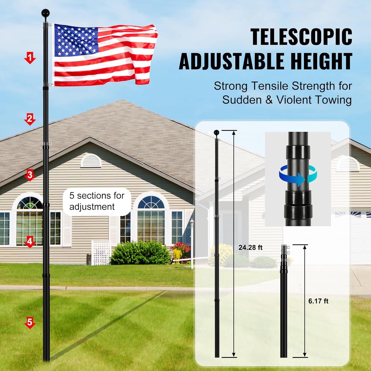 image:imageVEVOR 20FT Telescoping Flag Pole Kit Heavy Duty Aluminum Alloy in Ground Flag Poles for Outside 3 Display Modes Flagpole with 3x5 American Flag Professional Accessories SilverBlack