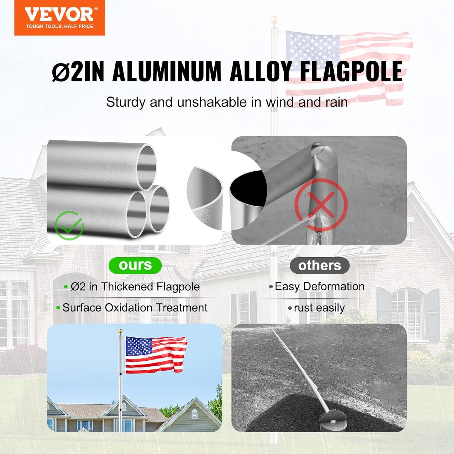 image:imageVEVOR 20FT Telescoping Flag Pole Kit Heavy Duty Aluminum Alloy in Ground Flag Poles for Outside 3 Display Modes Flagpole with 3x5 American Flag Professional Accessories SilverSilver