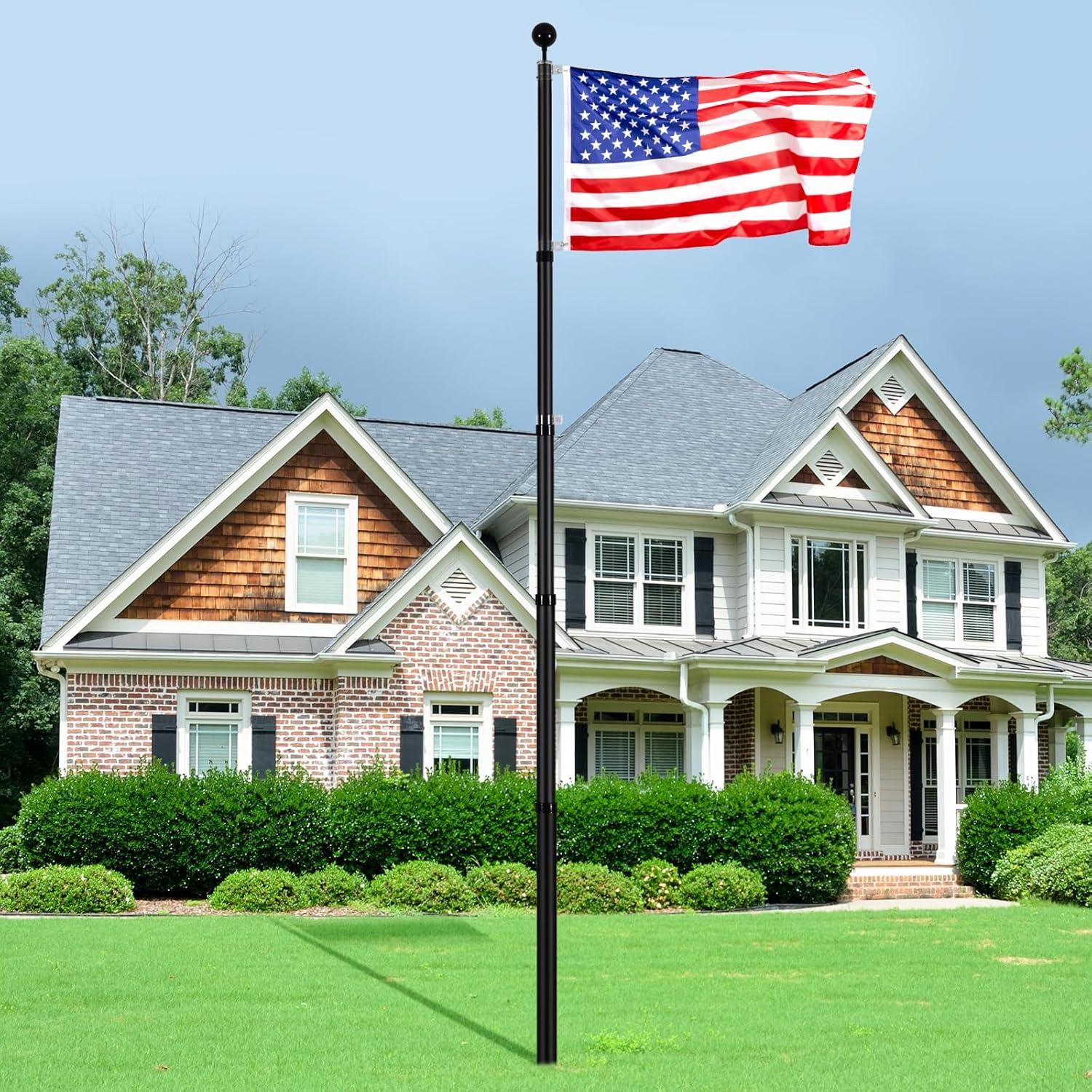 image:imageVEVOR 20FT Telescoping Flag Pole Kit Heavy Duty Aluminum Alloy in Ground Flag Poles for Outside 3 Display Modes Flagpole with 3x5 American Flag Professional Accessories SilverBlack