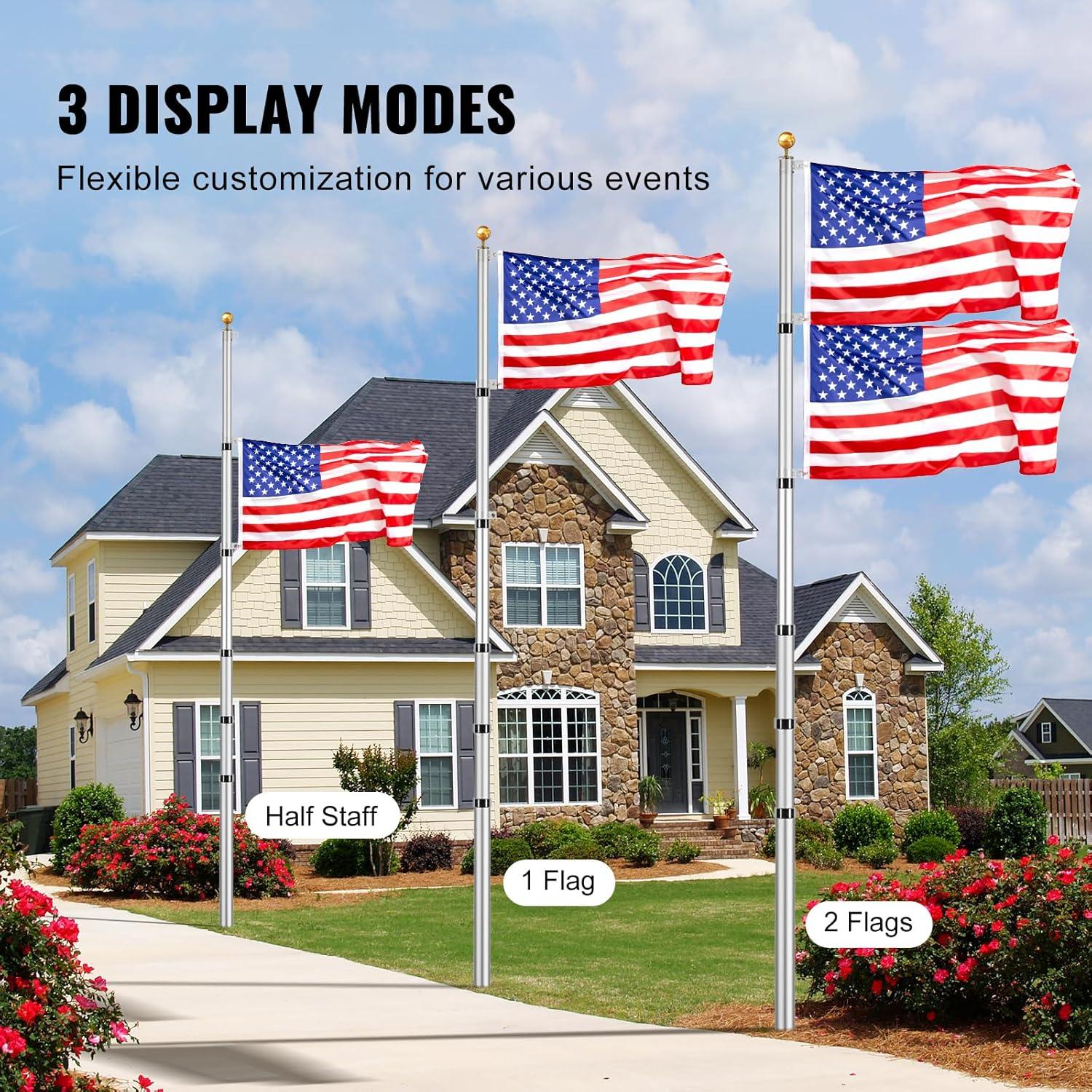 image:imageVEVOR 20FT Telescoping Flag Pole Kit Heavy Duty Aluminum Alloy in Ground Flag Poles for Outside 3 Display Modes Flagpole with 3x5 American Flag Professional Accessories SilverSilver