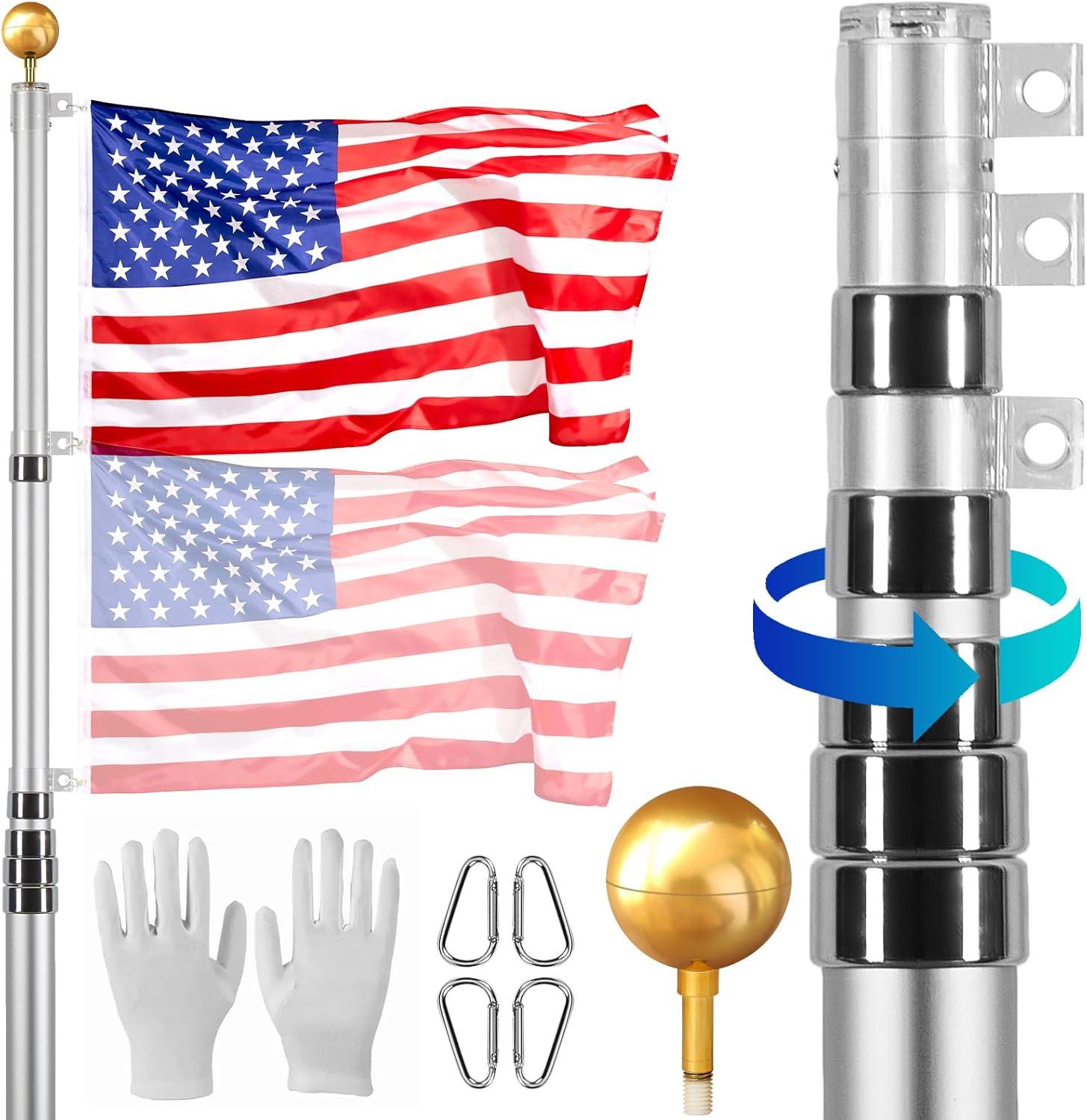 image:imageVEVOR 20FT Telescoping Flag Pole Kit Heavy Duty Aluminum Alloy in Ground Flag Poles for Outside 3 Display Modes Flagpole with 3x5 American Flag Professional Accessories SilverSilver