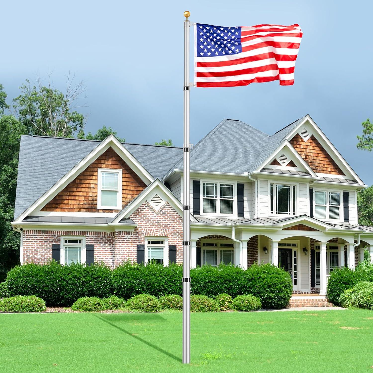 image:imageVEVOR 20FT Telescoping Flag Pole Kit Heavy Duty Aluminum Alloy in Ground Flag Poles for Outside 3 Display Modes Flagpole with 3x5 American Flag Professional Accessories SilverSilver