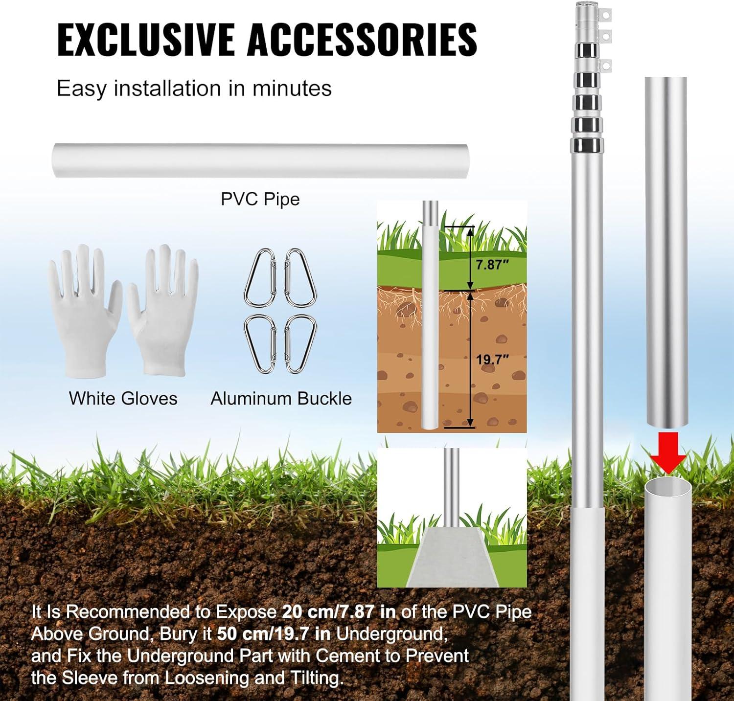 image:imageVEVOR 20FT Telescoping Flag Pole Kit Heavy Duty Aluminum Alloy in Ground Flag Poles for Outside 3 Display Modes Flagpole with 3x5 American Flag Professional Accessories SilverSilver