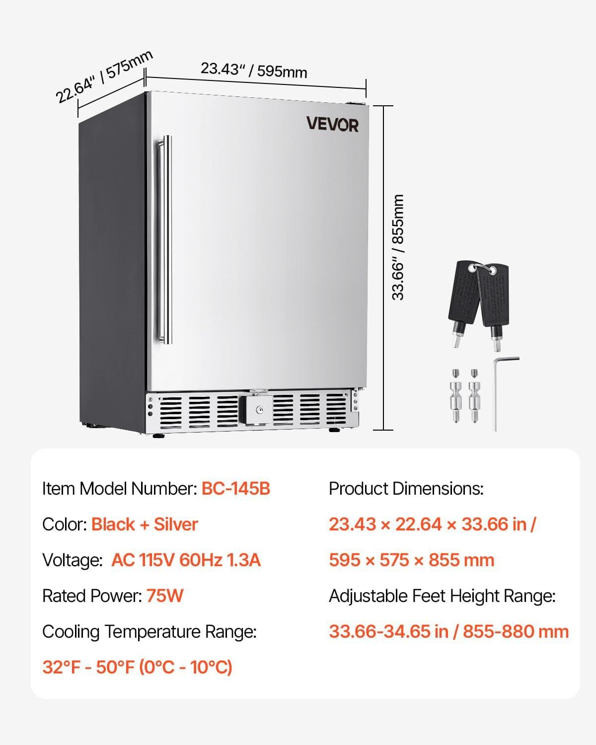 image:imageVEVOR 24Inch Outdoor Beverage Refrigerator 150 QT Builtin Drink Fridge 056 kWhDay EnergyEfficient Cooler with 304 Stainless Steel Door Holds 180 Cans for Outdoor Kitchen Home Bar Patio