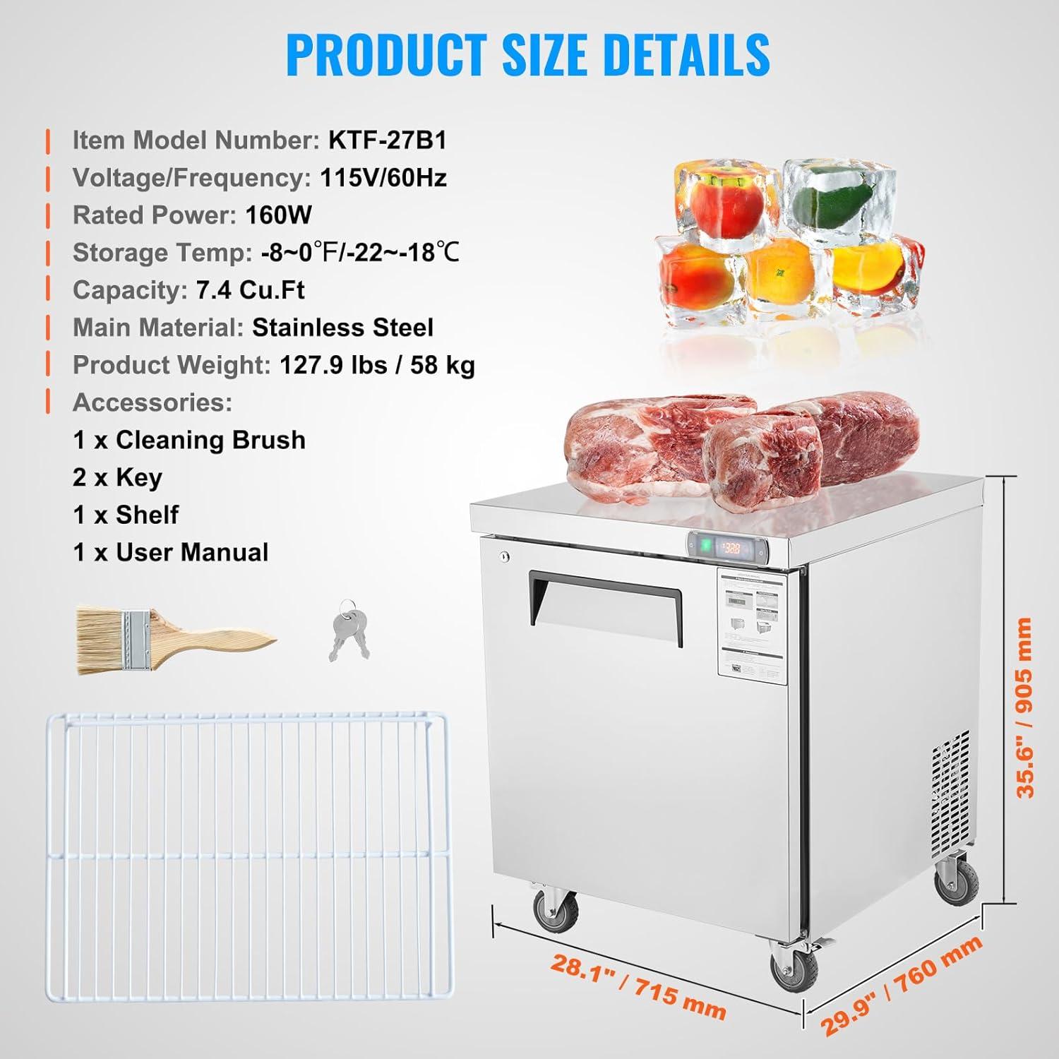 image:imageVEVOR 28 W Commercial Freezer Worktop 74 Cu Ft Undercounter Freezers withCasters lt08gtDefrost Frozen Prep Table Single Door Stainless Steel Food Frozen Prep Station for Restaurant Diner