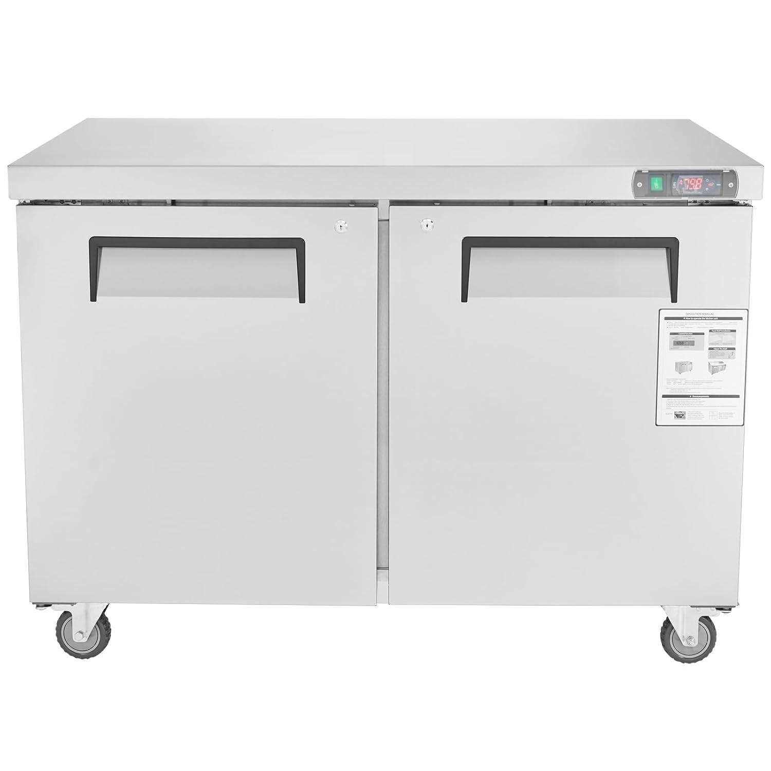 image:imageVEVOR 48 W Commercial Freezer Worktop 129 Cu Ft Undercounter Freezers withCasters lt08gtDefrost Frozen Prep Table 2 Doors Stainless Steel Food Frozen Prep Station for Restaurant Diner Bar