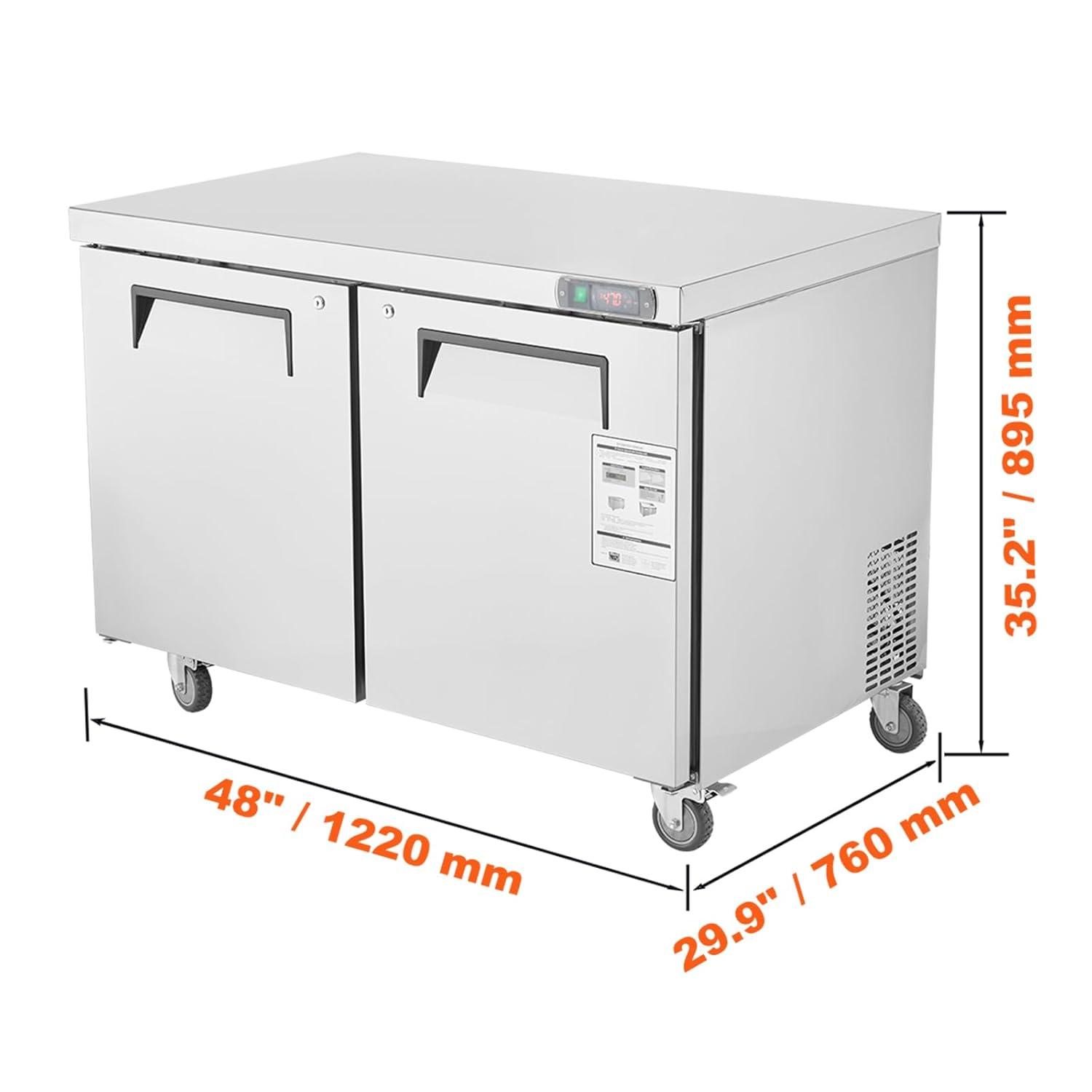 image:imageVEVOR 48 W Commercial Freezer Worktop 129 Cu Ft Undercounter Freezers withCasters lt08gtDefrost Frozen Prep Table 2 Doors Stainless Steel Food Frozen Prep Station for Restaurant Diner Bar