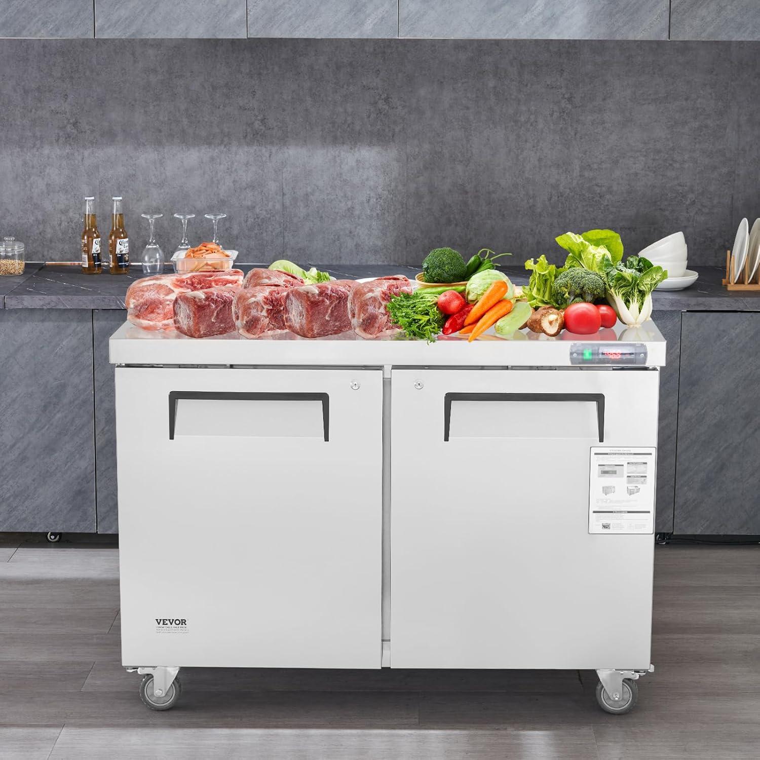image:imageVEVOR 48 W Commercial Freezer Worktop 129 Cu Ft Undercounter Freezers withCasters lt08gtDefrost Frozen Prep Table 2 Doors Stainless Steel Food Frozen Prep Station for Restaurant Diner Bar