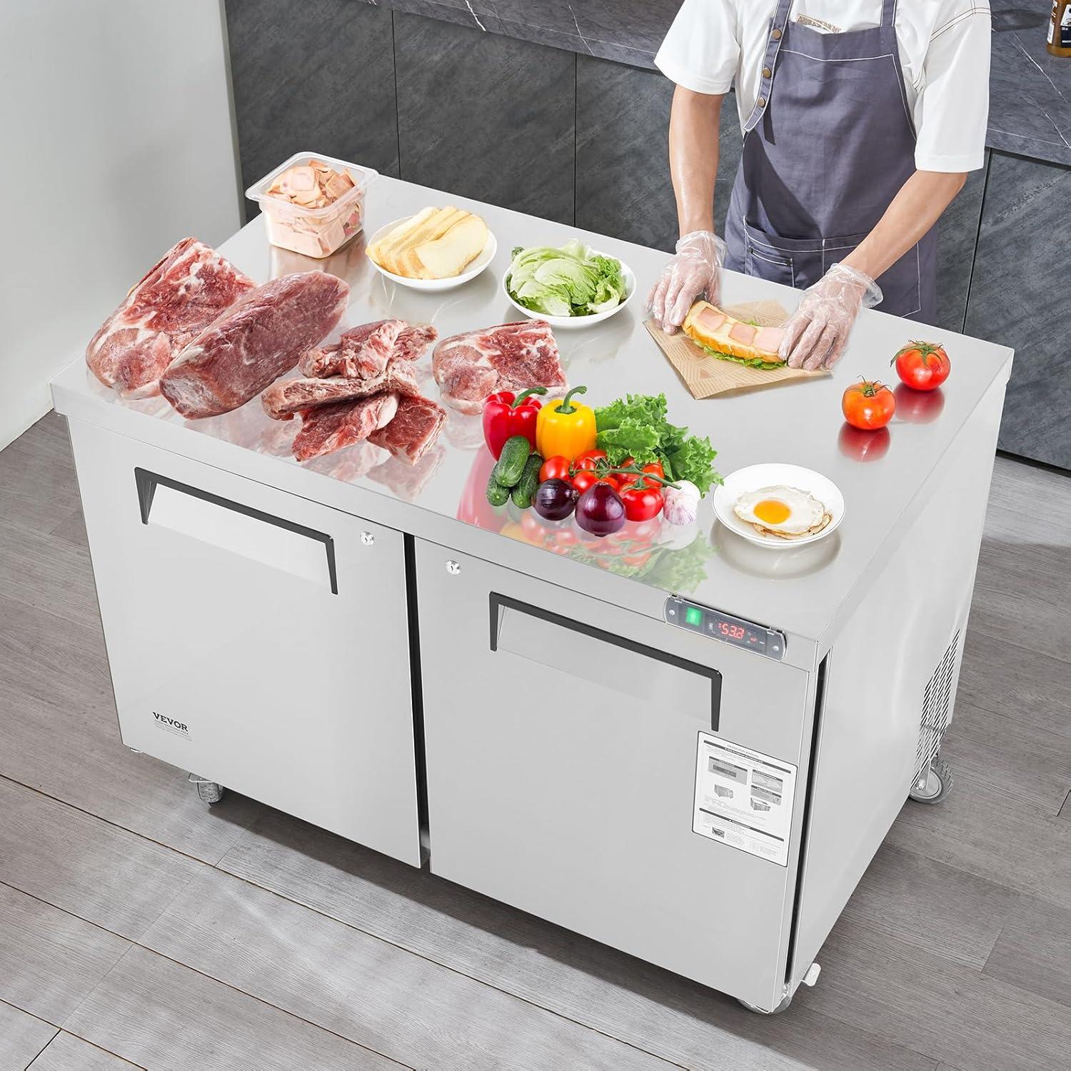 image:imageVEVOR 48 W Commercial Freezer Worktop 129 Cu Ft Undercounter Freezers withCasters lt08gtDefrost Frozen Prep Table 2 Doors Stainless Steel Food Frozen Prep Station for Restaurant Diner Bar
