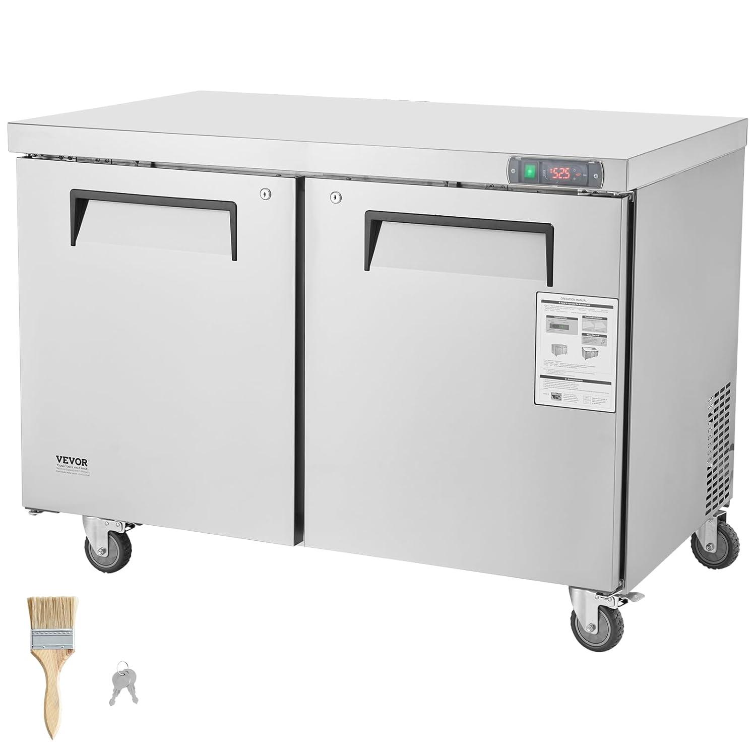 image:imageVEVOR 48 W Commercial Freezer Worktop 129 Cu Ft Undercounter Freezers withCasters lt08gtDefrost Frozen Prep Table 2 Doors Stainless Steel Food Frozen Prep Station for Restaurant Diner Bar