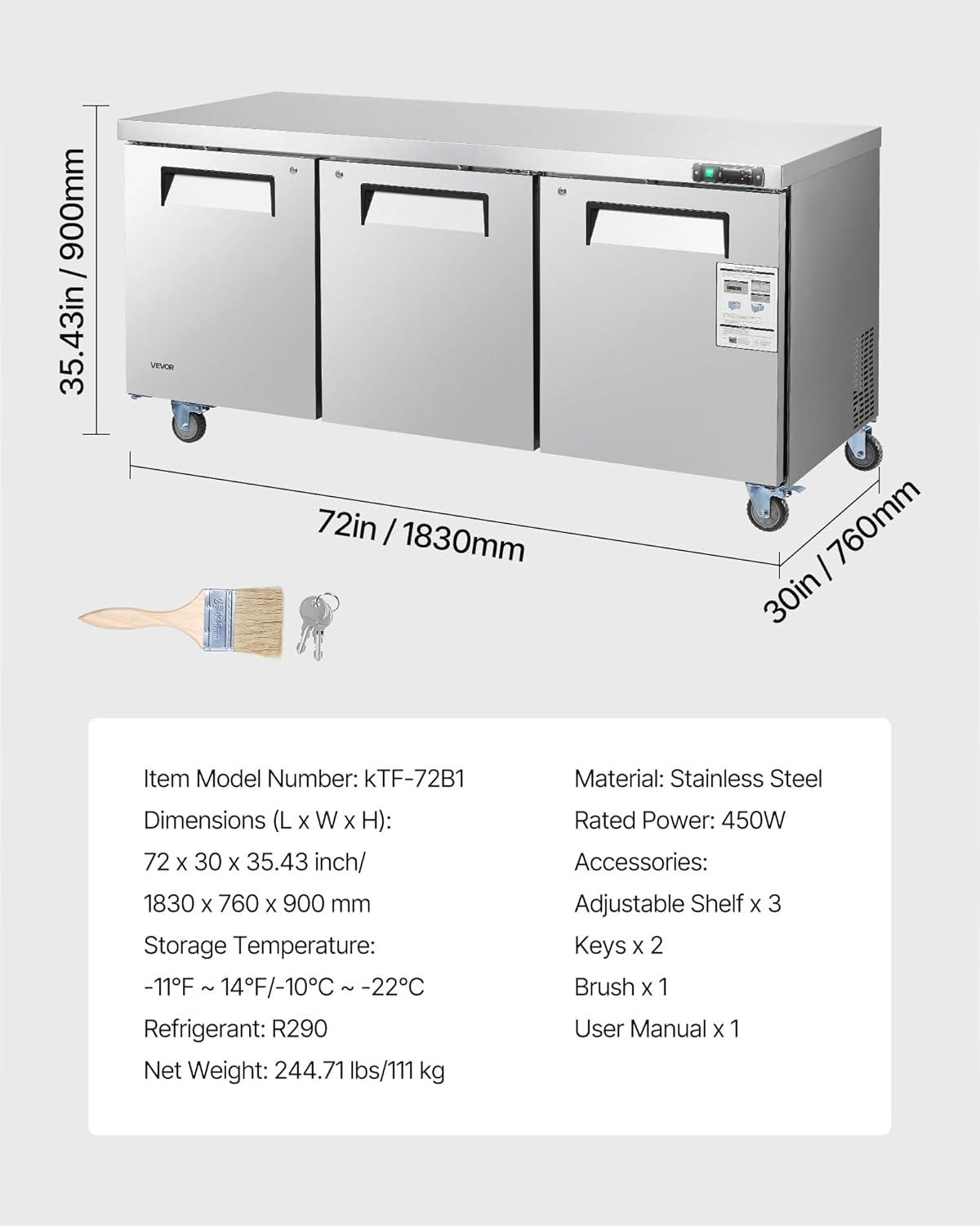 image:imageVEVOR 72 W Commercial Freezer 177 CuFt Worktop Freezers Undercounter with LED Auto Lighting and Lockable Door 3 Doors Food Freezing Prep Worktable Stainless Steel Prep Frozen Table with Casters