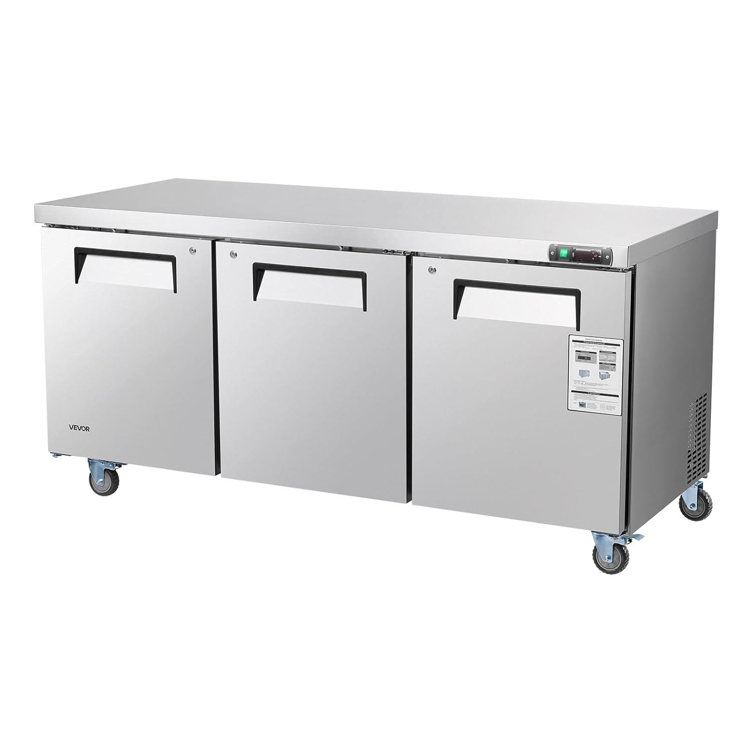 image:imageVEVOR 72 W Commercial Freezer 177 CuFt Worktop Freezers Undercounter with LED Auto Lighting and Lockable Door 3 Doors Food Freezing Prep Worktable Stainless Steel Prep Frozen Table with Casters