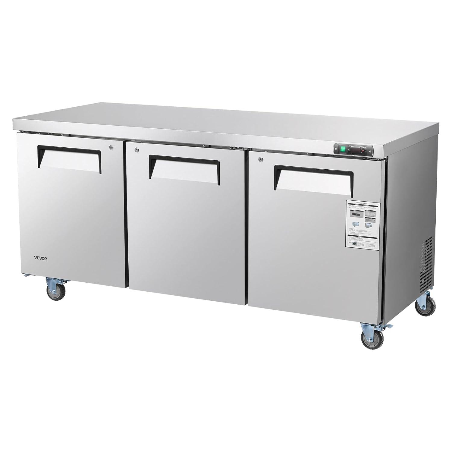 image:imageVEVOR 72 W Commercial Freezer 177 CuFt Worktop Freezers Undercounter with LED Auto Lighting and Lockable Door 3 Doors Food Freezing Prep Worktable Stainless Steel Prep Frozen Table with Casters