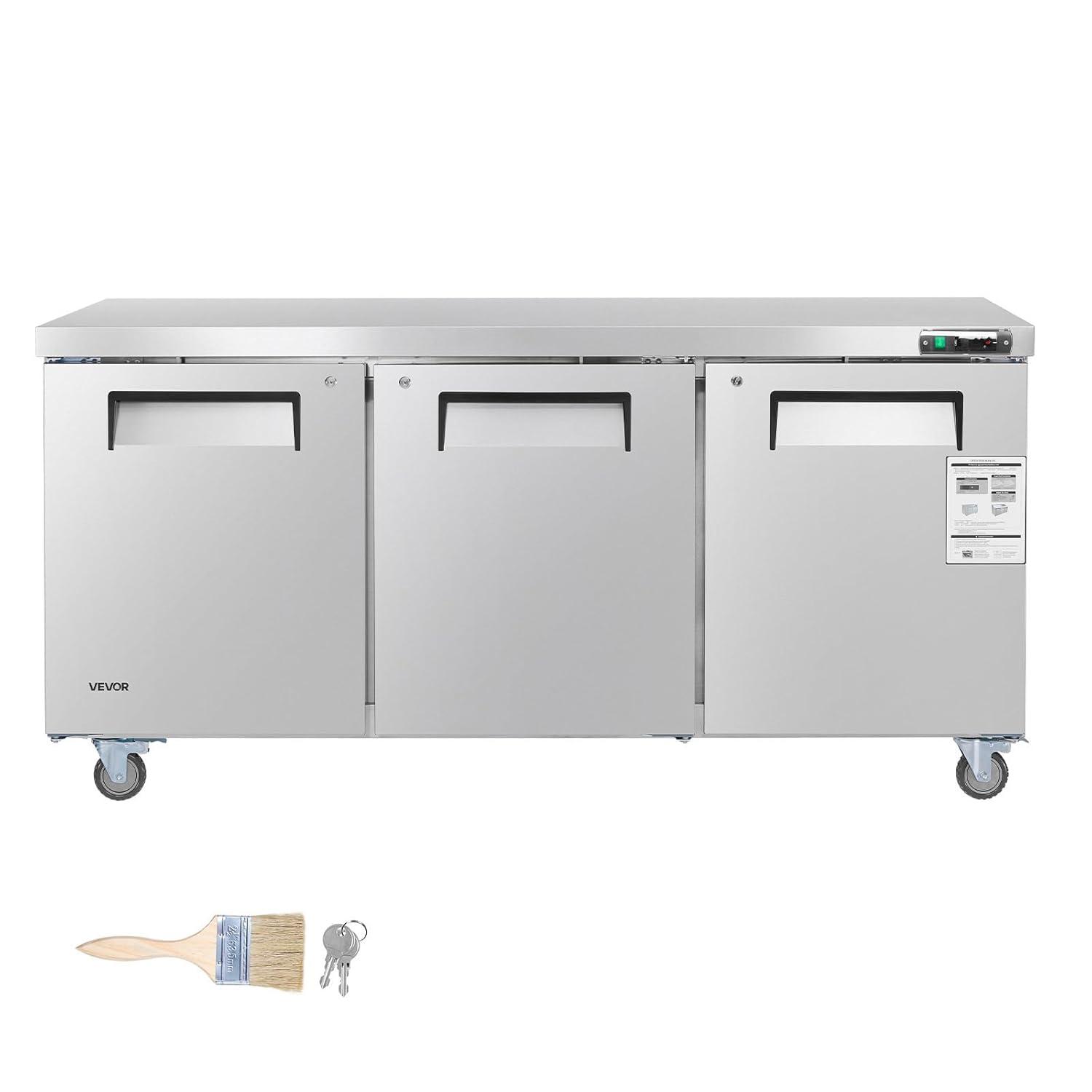 image:imageVEVOR 72 W Commercial Freezer 177 CuFt Worktop Freezers Undercounter with LED Auto Lighting and Lockable Door 3 Doors Food Freezing Prep Worktable Stainless Steel Prep Frozen Table with Casters