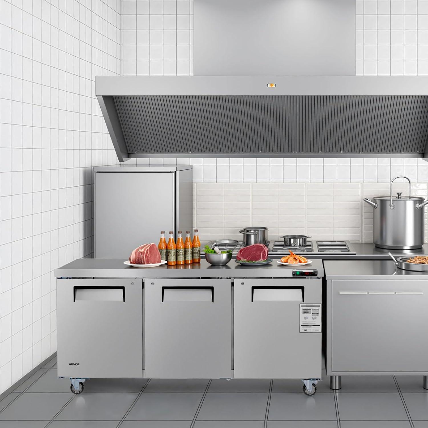 image:imageVEVOR 72 W Commercial Freezer 177 CuFt Worktop Freezers Undercounter with LED Auto Lighting and Lockable Door 3 Doors Food Freezing Prep Worktable Stainless Steel Prep Frozen Table with Casters