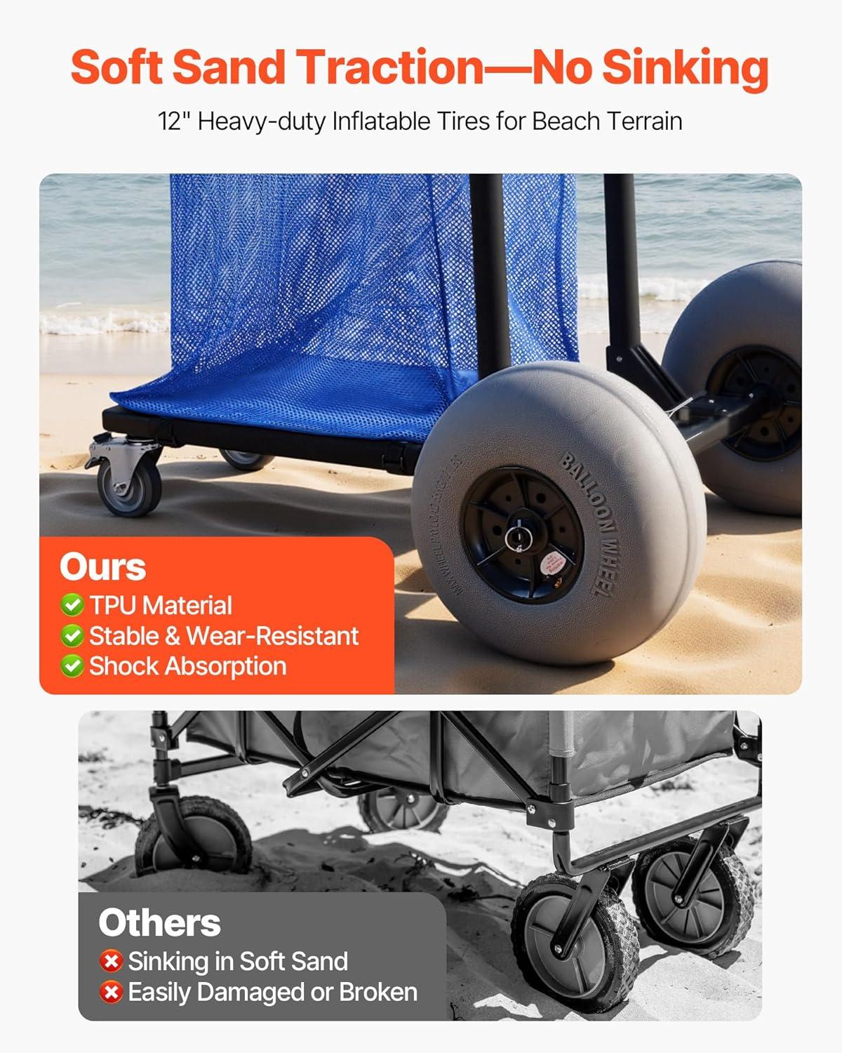 image:imageVEVOR Beach Dolly with Big Wheels for Sand 299 x 154 Cargo Deck w 12 Balloon Wheels 165LBS Loading Capacity Folding Sand Cart amp 27 to 447 Adjustable Height Heavy Duty Cart for Beach9808501100mm