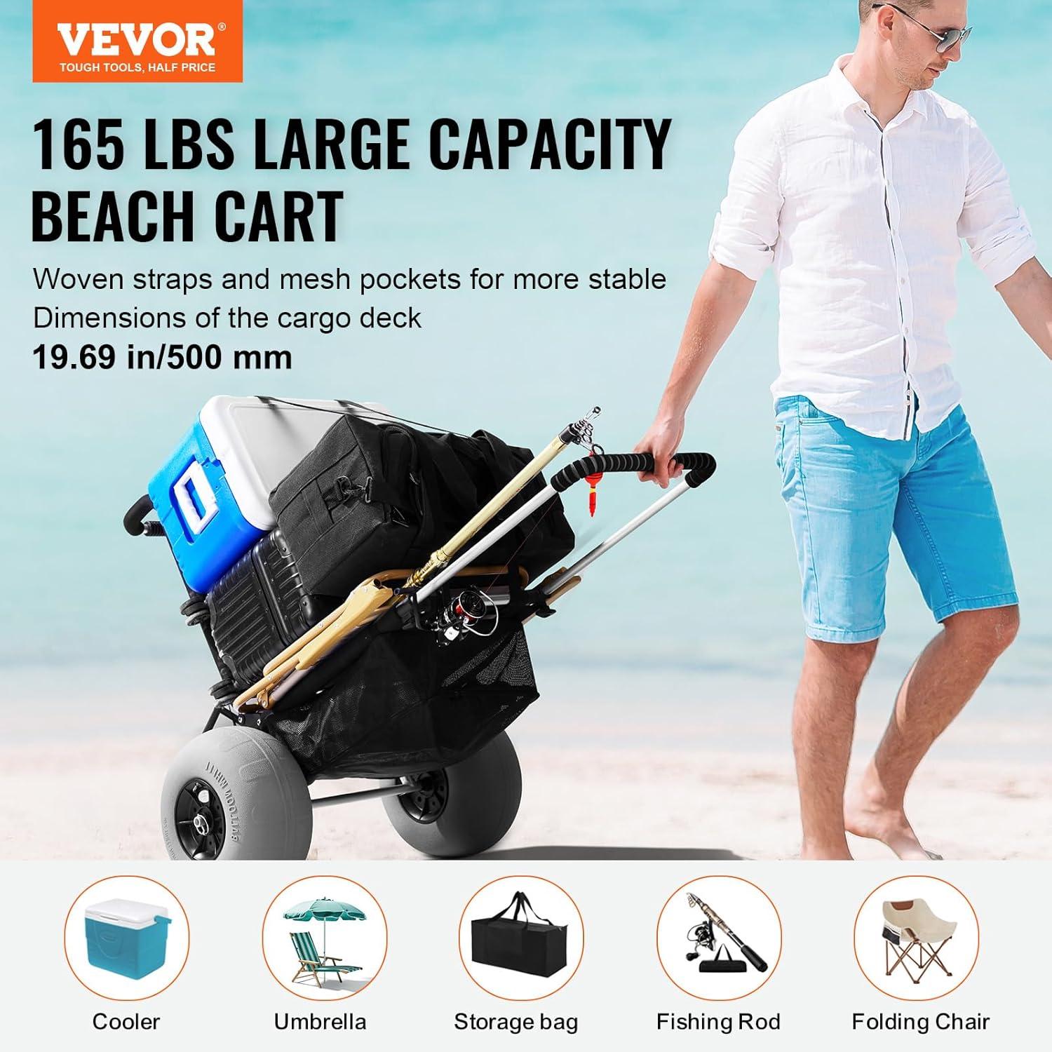 image:imageVEVOR Beach Dolly with Big Wheels for Sand 299 x 154 Cargo Deck w 12 Balloon Wheels 165LBS Loading Capacity Folding Sand Cart amp 27 to 447 Adjustable Height Heavy Duty Cart for Beach30 X 15 Cargo Deck 12 Balloon Wheels