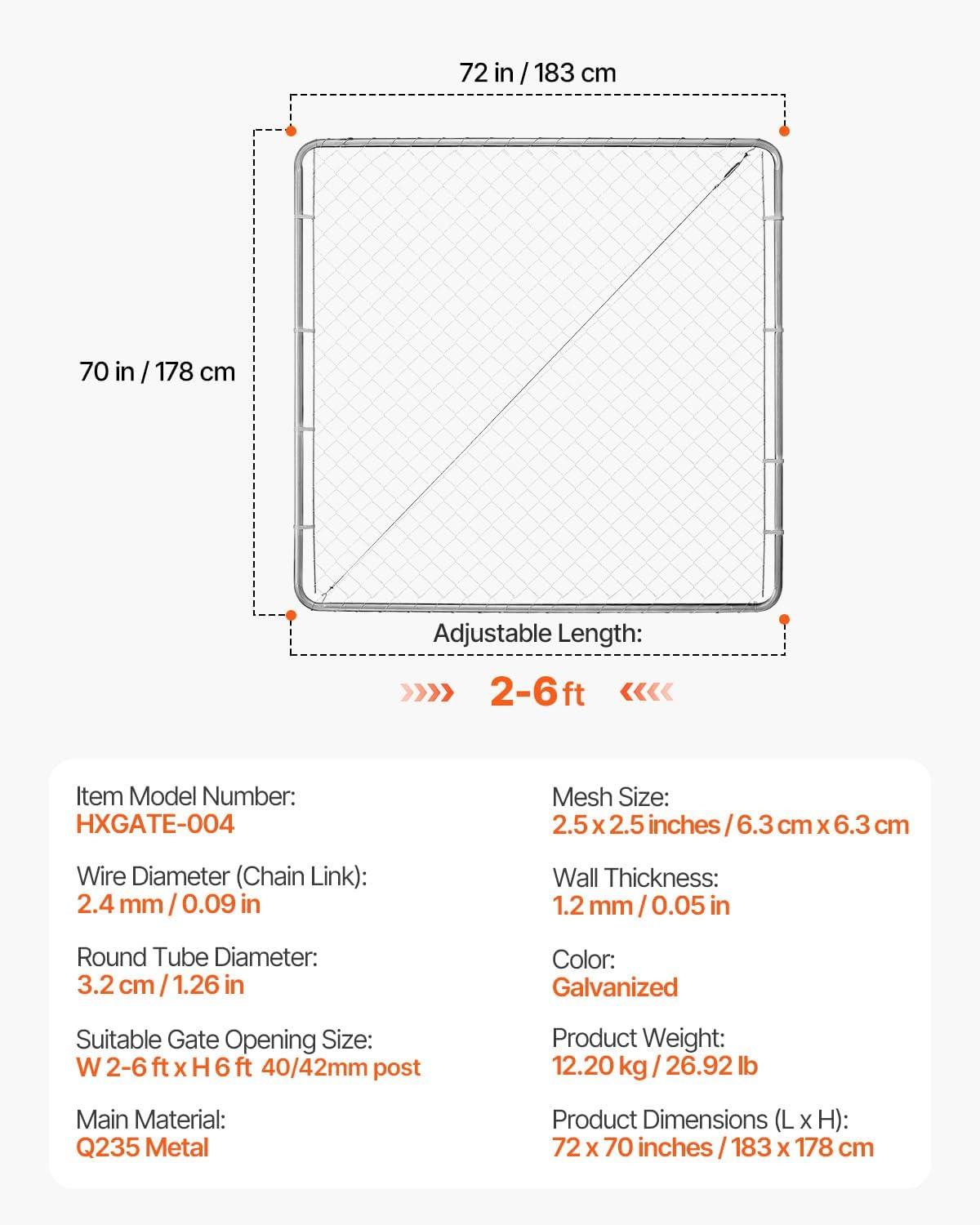 image:imageVEVOR Chain Link Fence Gate 72 x 48 in Adjustable Chain Link Fence Panel Fit 226 ft W x 6 ft H Garden Fence Gate Opening Fencing Gate with Plastic Coating for Farm Black Posts Not IncludedSilver