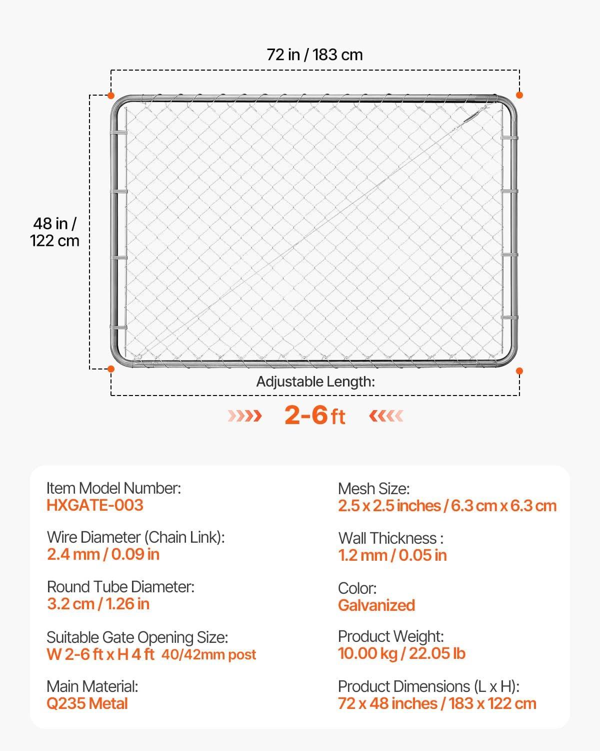 image:imageVEVOR Chain Link Fence Gate 72 x 48 in Adjustable Chain Link Fence Panel Fit 226 ft W x 6 ft H Garden Fence Gate Opening Fencing Gate with Plastic Coating for Farm Black Posts Not IncludedSilver