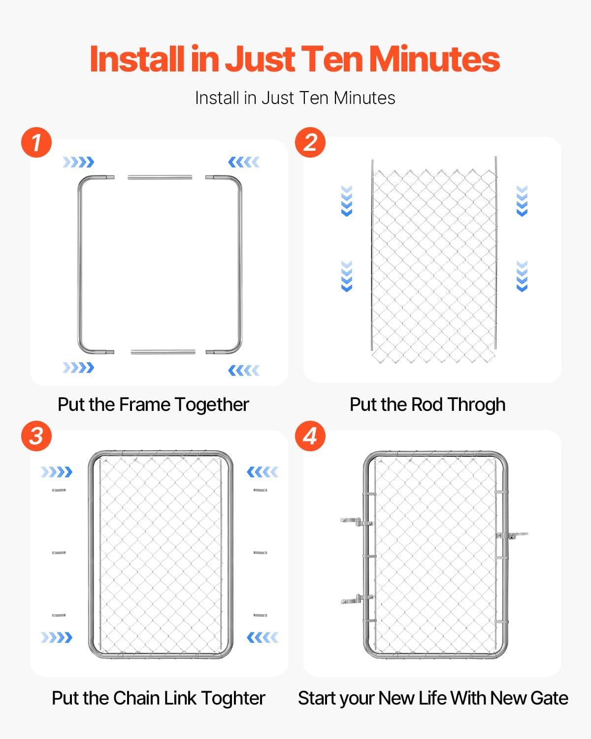 image:imageVEVOR Chain Link Fence Gate 72 x 48 in Adjustable Chain Link Fence Panel Fit 226 ft W x 6 ft H Garden Fence Gate Opening Fencing Gate with Plastic Coating for Farm Black Posts Not IncludedSilver