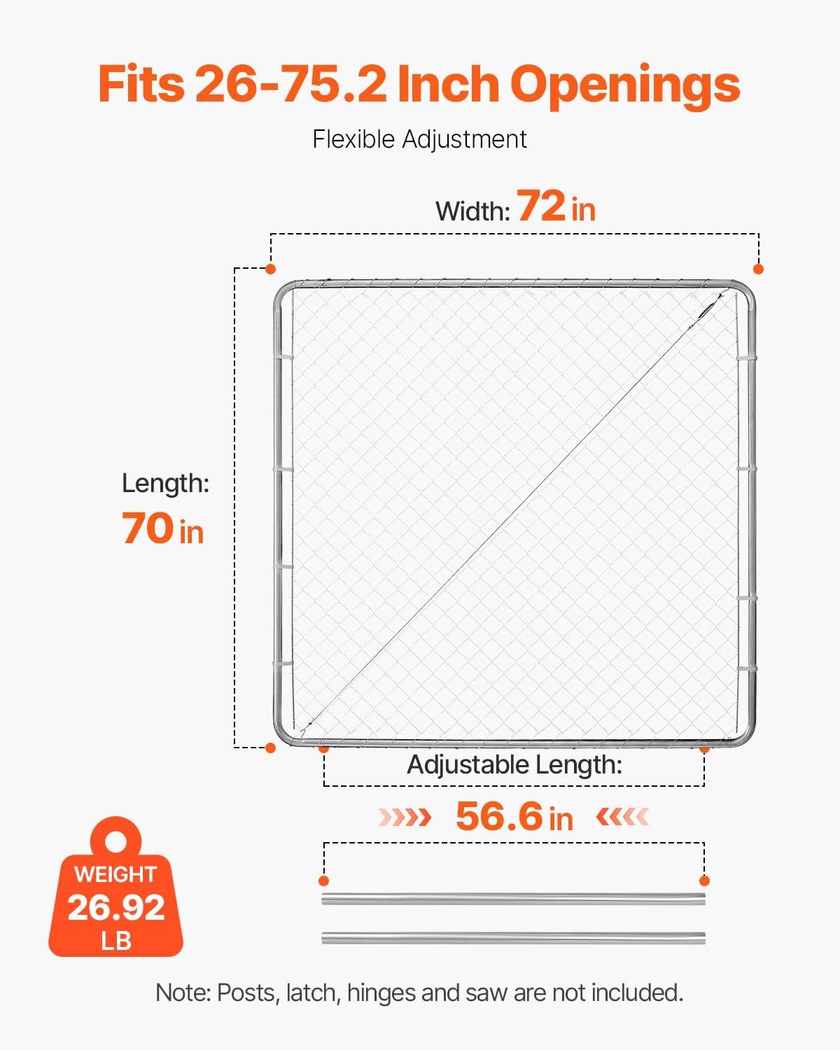 image:imageVEVOR Chain Link Fence Gate 72 x 48 in Adjustable Chain Link Fence Panel Fit 226 ft W x 6 ft H Garden Fence Gate Opening Fencing Gate with Plastic Coating for Farm Black Posts Not IncludedSilver