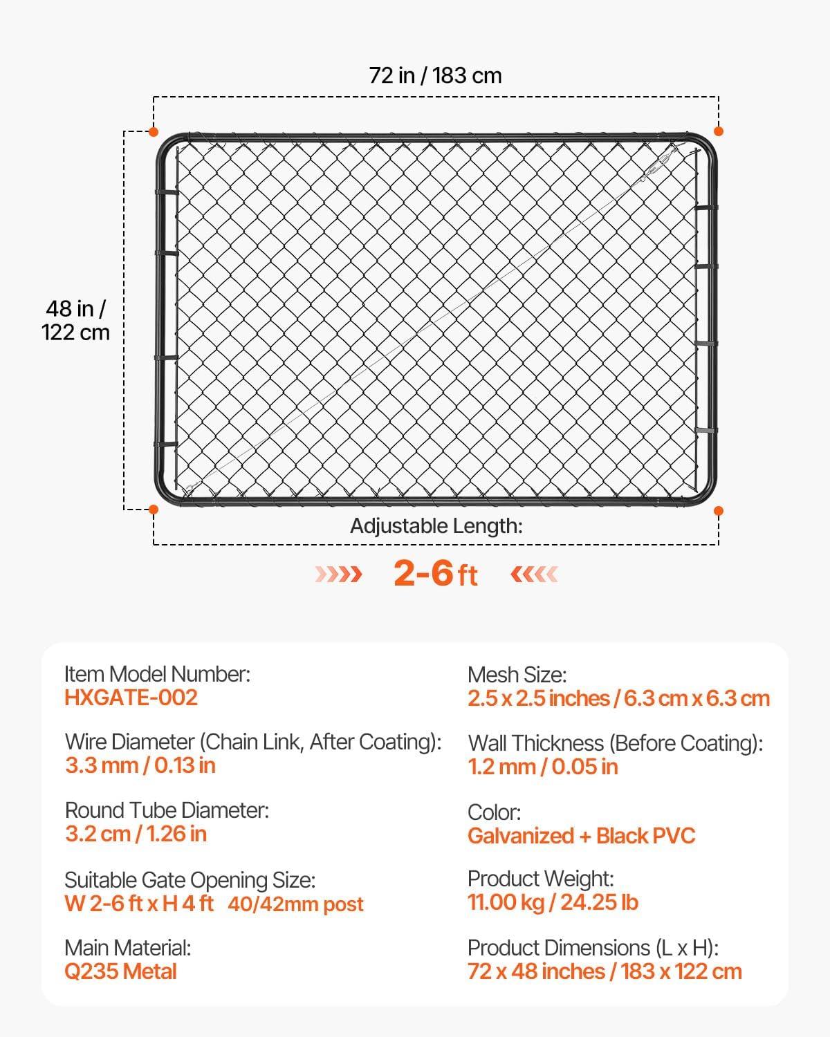 image:imageVEVOR Chain Link Fence Gate 72 x 48 in Adjustable Chain Link Fence Panel Fit 226 ft W x 6 ft H Garden Fence Gate Opening Fencing Gate with Plastic Coating for Farm Black Posts Not IncludedBlack