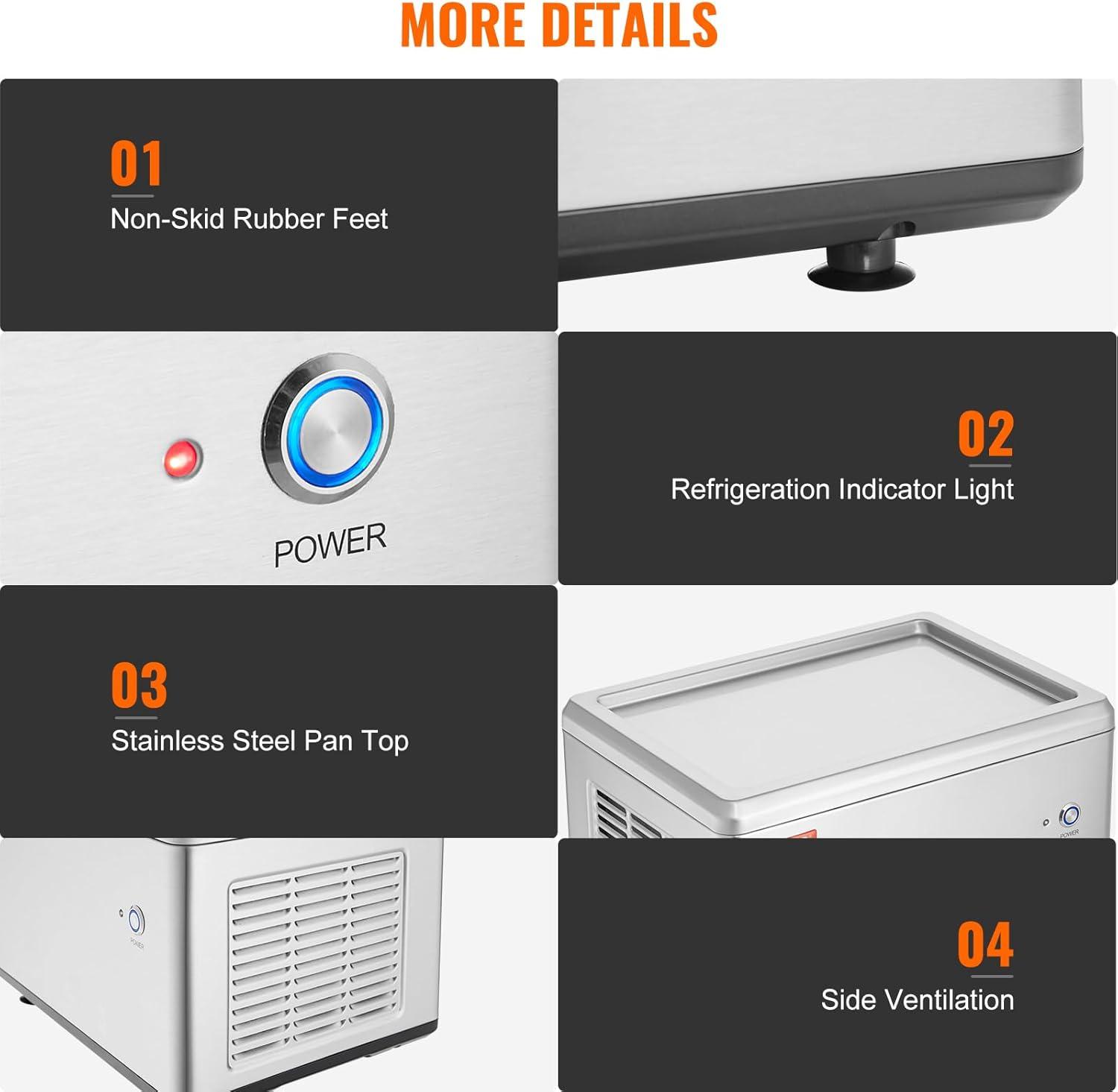 image:imageVEVOR Commercial Ice Roll MakerStirFried Yogurt Cream Machine 220W Ice Cream Roll Machine with 94 x 11 Square Pan Button Defrost Method with Food Shovels Perfect for BarsCafes Dessert Shops120W
