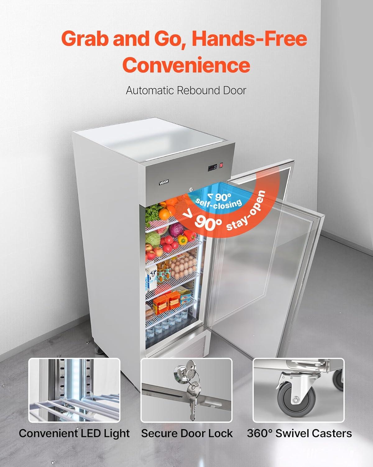 image:imageVEVOR Commercial ReachIn Refrigerator 29 W 22 CuFt Stainless Steel Upright Refrigerator with Single Glass Door AutoDefrost 4 Adjustable Shelves 32 to 50 Temp Control ETL Certified29W 1 DoorRefrigerator