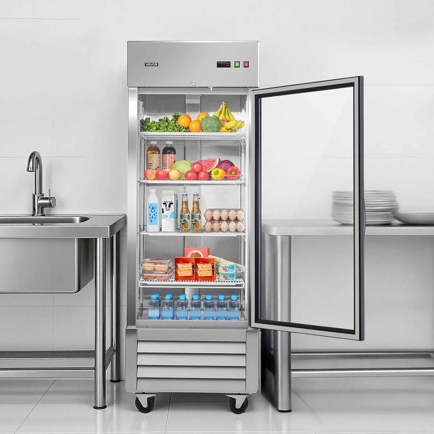 image:imageVEVOR Commercial ReachIn Refrigerator 29 W 22 CuFt Stainless Steel Upright Refrigerator with Single Glass Door AutoDefrost 4 Adjustable Shelves 32 to 50 Temp Control ETL Certified29W 1 Glass DoorRefrigerator
