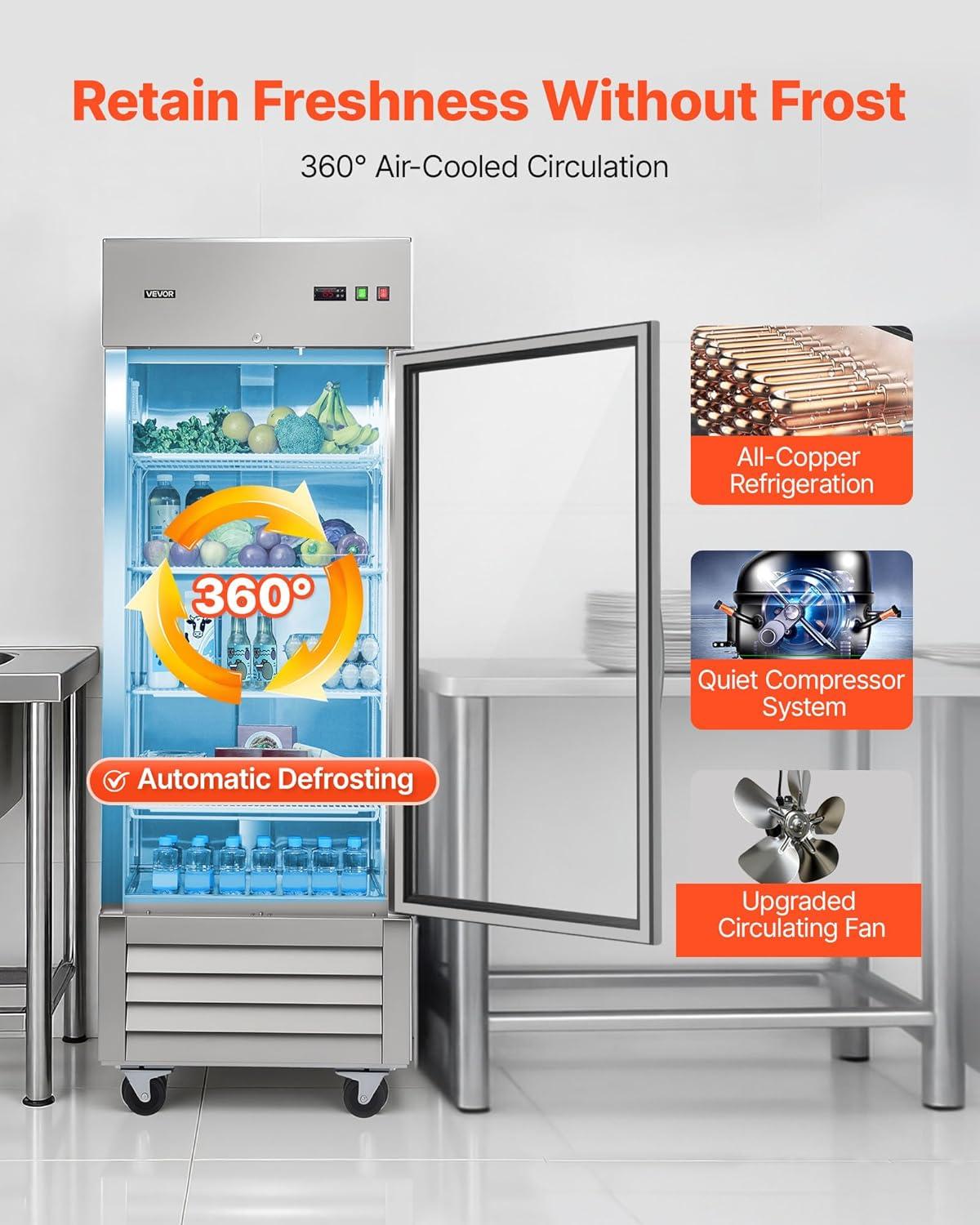 image:imageVEVOR Commercial ReachIn Refrigerator 29 W 22 CuFt Stainless Steel Upright Refrigerator with Single Glass Door AutoDefrost 4 Adjustable Shelves 32 to 50 Temp Control ETL Certified29W 1 Glass DoorRefrigerator