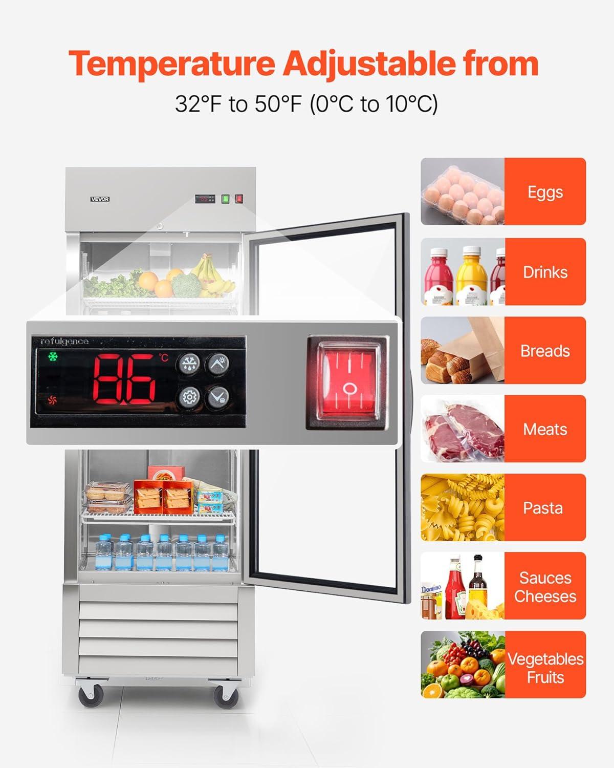 image:imageVEVOR Commercial ReachIn Refrigerator 29 W 22 CuFt Stainless Steel Upright Refrigerator with Single Glass Door AutoDefrost 4 Adjustable Shelves 32 to 50 Temp Control ETL Certified29W 1 Glass DoorRefrigerator