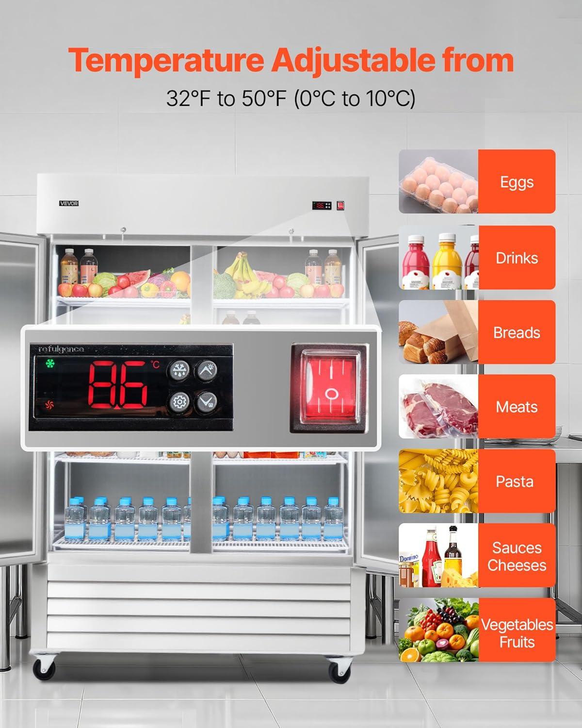 image:imageVEVOR Commercial ReachIn Refrigerator 29 W 22 CuFt Stainless Steel Upright Refrigerator with Single Glass Door AutoDefrost 4 Adjustable Shelves 32 to 50 Temp Control ETL Certified54W 2 DoorsRefrigerator