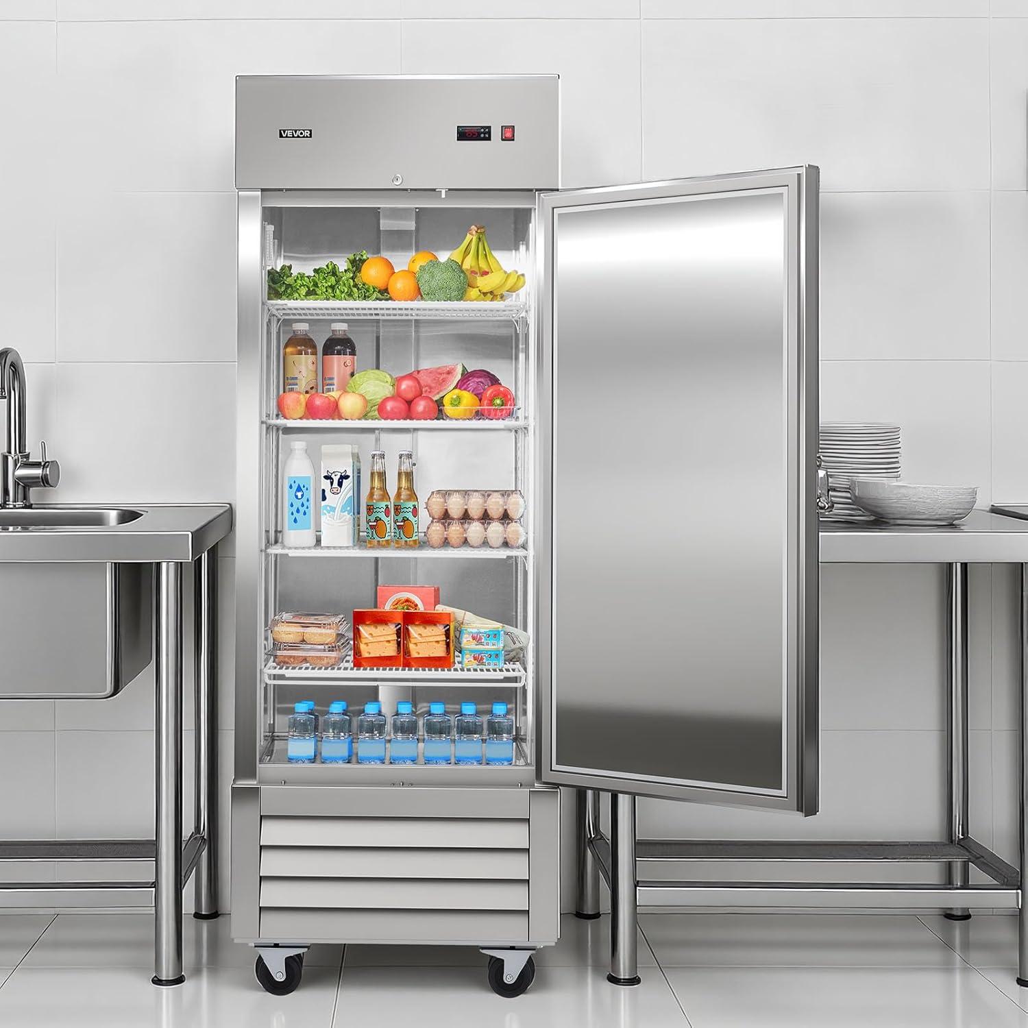image:imageVEVOR Commercial ReachIn Refrigerator 29 W 22 CuFt Stainless Steel Upright Refrigerator with Single Glass Door AutoDefrost 4 Adjustable Shelves 32 to 50 Temp Control ETL Certified29W 1 DoorRefrigerator