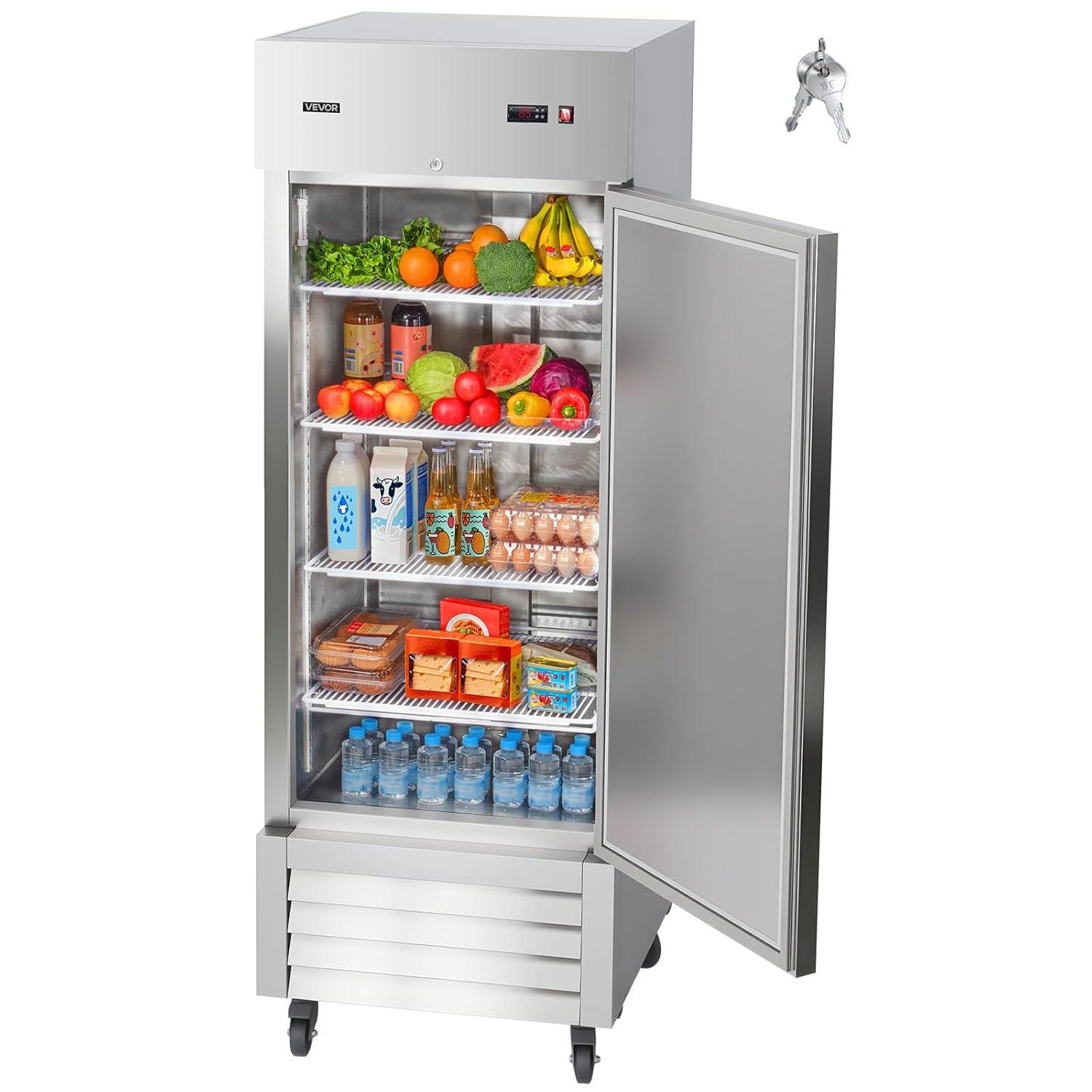 image:imageVEVOR Commercial ReachIn Refrigerator 29 W 22 CuFt Stainless Steel Upright Refrigerator with Single Glass Door AutoDefrost 4 Adjustable Shelves 32 to 50 Temp Control ETL Certified29W 1 DoorRefrigerator