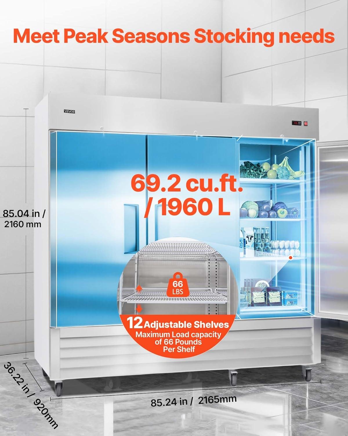 image:imageVEVOR Commercial ReachIn Refrigerator 29 W 22 CuFt Stainless Steel Upright Refrigerator with Single Glass Door AutoDefrost 4 Adjustable Shelves 32 to 50 Temp Control ETL Certified85W 3 DoorsRefrigerator