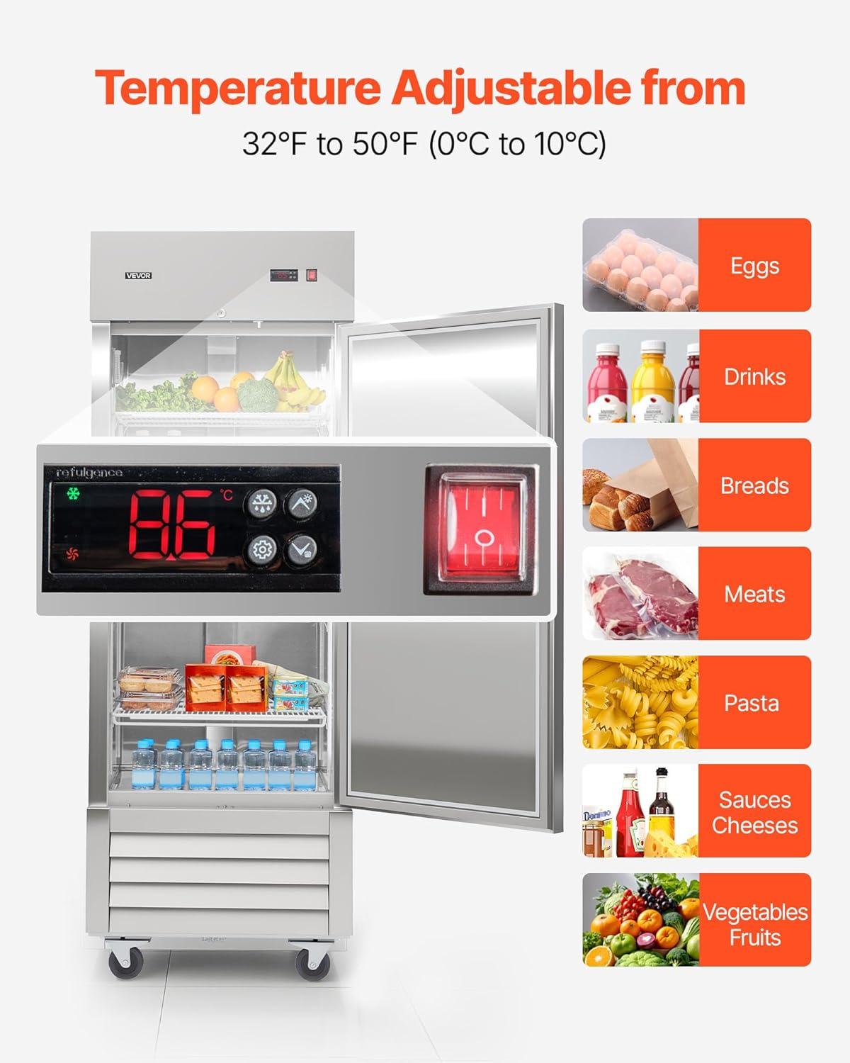 image:imageVEVOR Commercial ReachIn Refrigerator 29 W 22 CuFt Stainless Steel Upright Refrigerator with Single Glass Door AutoDefrost 4 Adjustable Shelves 32 to 50 Temp Control ETL Certified29W 1 DoorRefrigerator