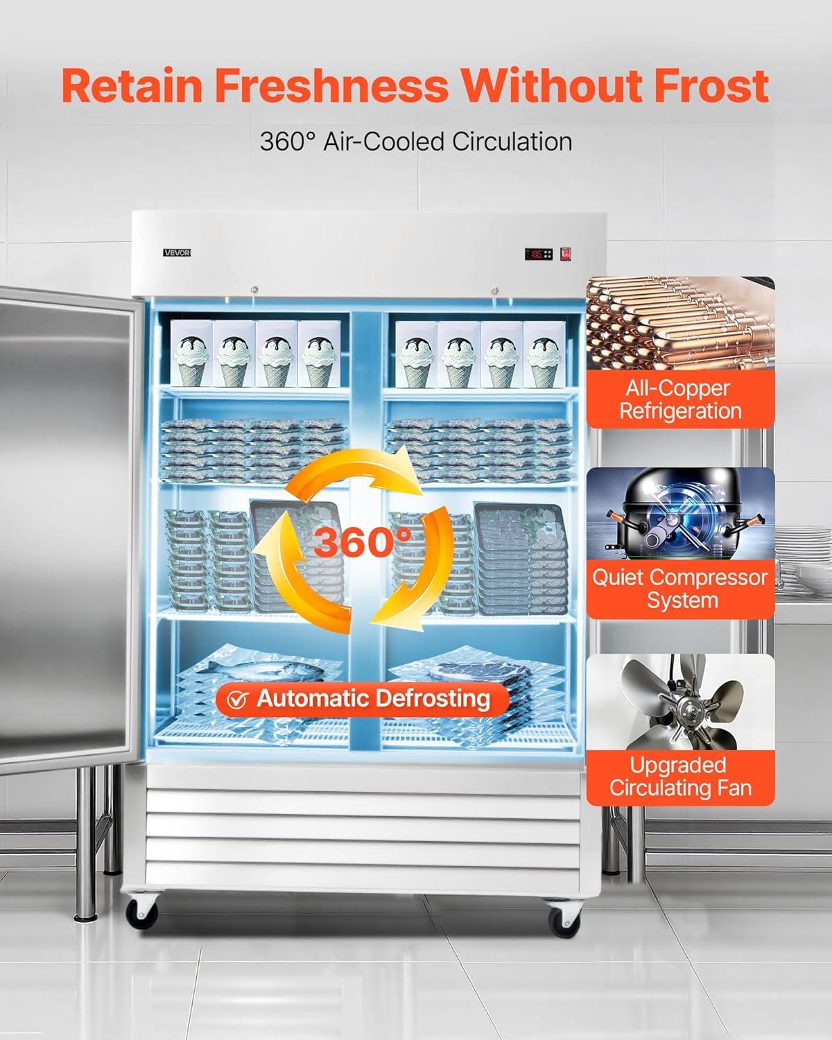 image:imageVEVOR Commercial ReachIn Refrigerator 29 W 22 CuFt Stainless Steel Upright Refrigerator with Single Glass Door AutoDefrost 4 Adjustable Shelves 32 to 50 Temp Control ETL Certified54W 2 DoorsFreezer