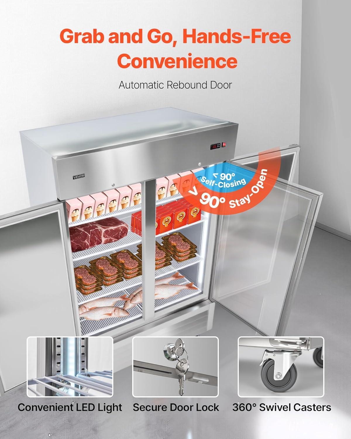 image:imageVEVOR Commercial ReachIn Refrigerator 29 W 22 CuFt Stainless Steel Upright Refrigerator with Single Glass Door AutoDefrost 4 Adjustable Shelves 32 to 50 Temp Control ETL Certified54W 2 DoorsFreezer