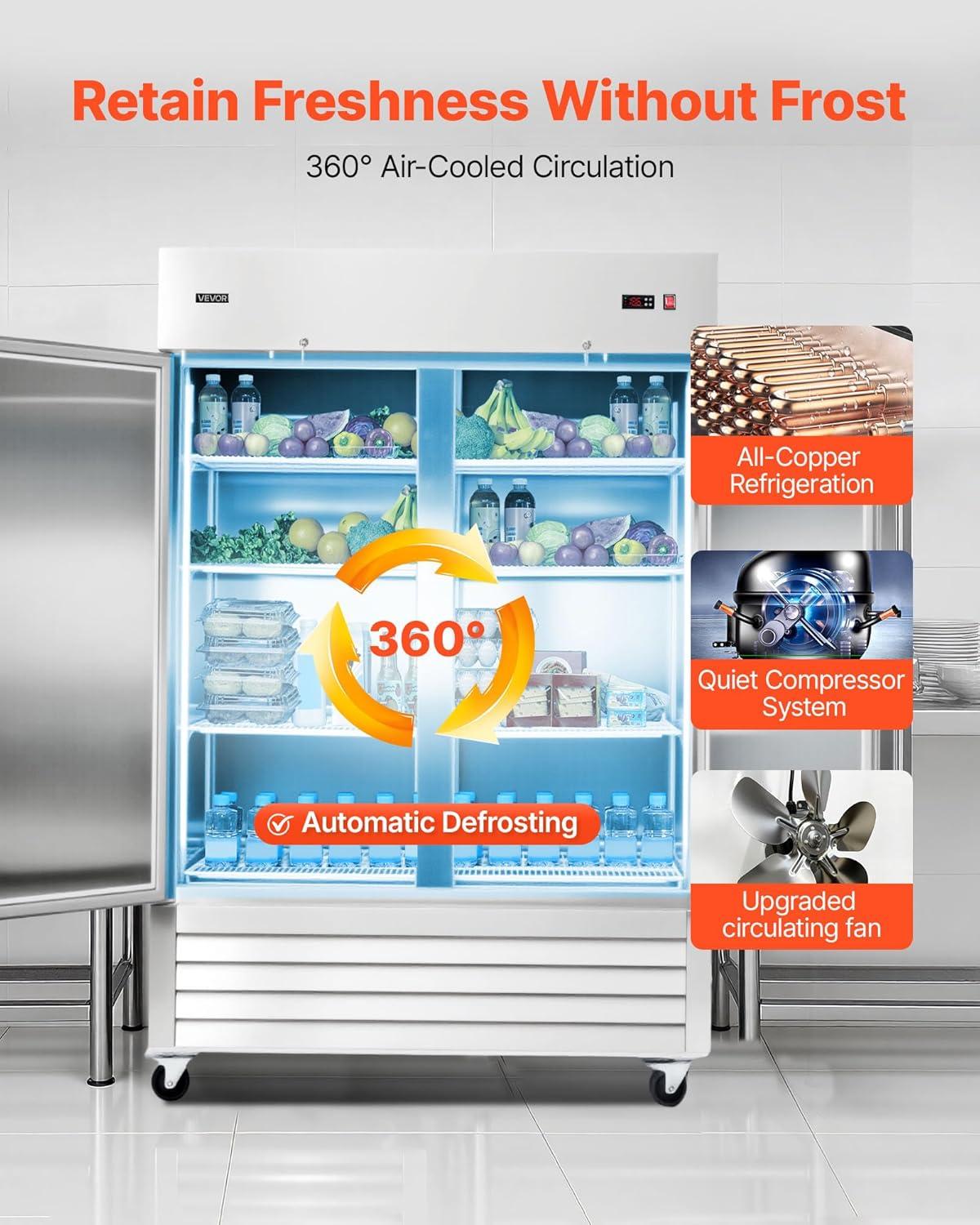 image:imageVEVOR Commercial ReachIn Refrigerator 29 W 22 CuFt Stainless Steel Upright Refrigerator with Single Glass Door AutoDefrost 4 Adjustable Shelves 32 to 50 Temp Control ETL Certified54W 2 DoorsRefrigerator