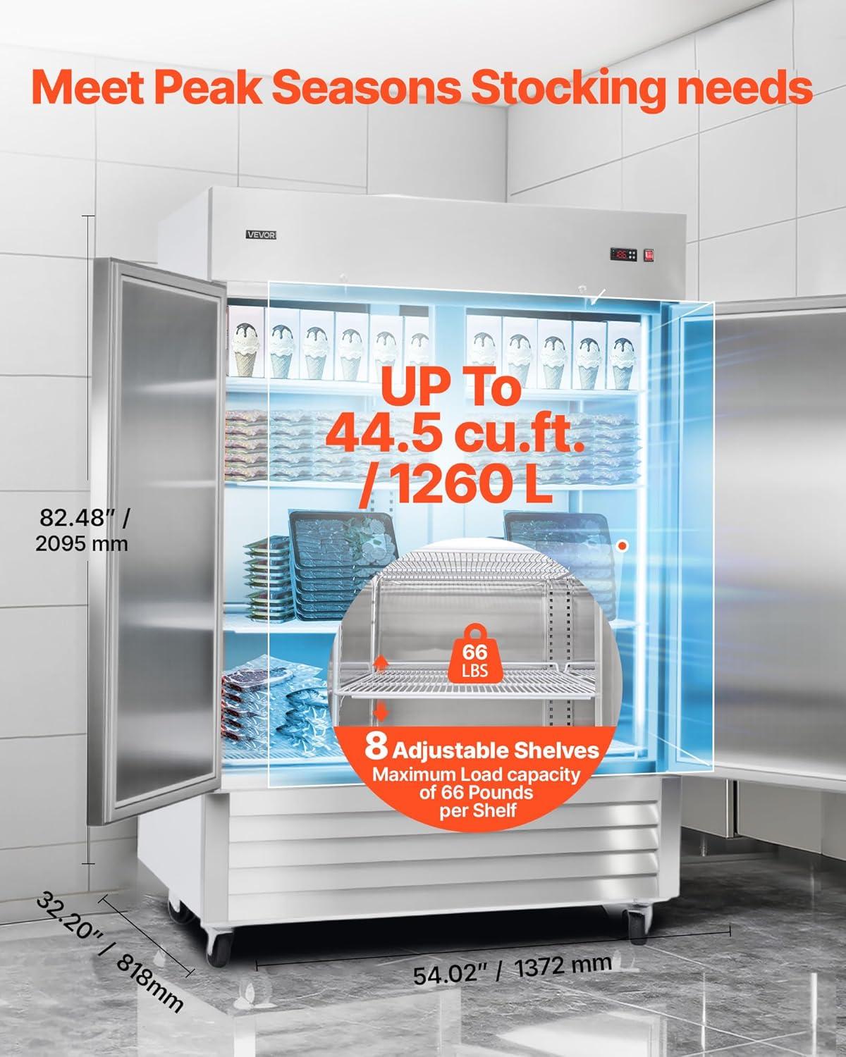 image:imageVEVOR Commercial ReachIn Refrigerator 29 W 22 CuFt Stainless Steel Upright Refrigerator with Single Glass Door AutoDefrost 4 Adjustable Shelves 32 to 50 Temp Control ETL Certified54W 2 DoorsFreezer