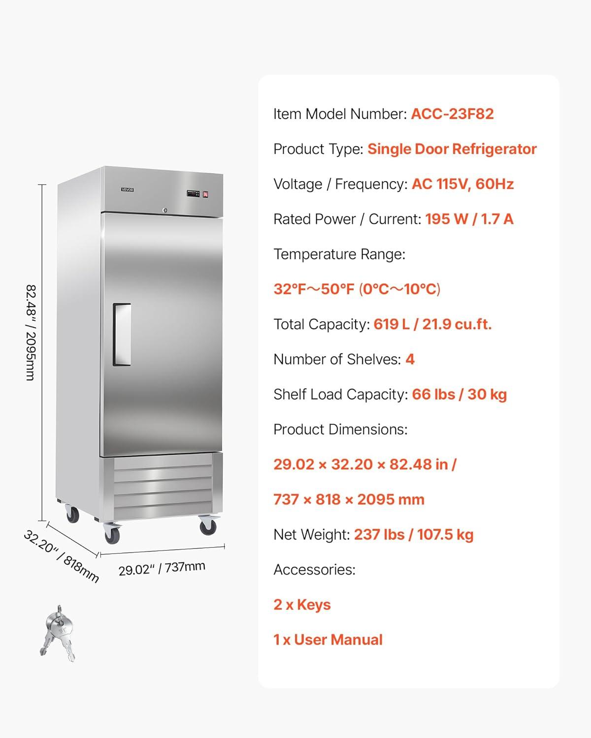 image:imageVEVOR Commercial ReachIn Refrigerator 29 W 22 CuFt Stainless Steel Upright Refrigerator with Single Glass Door AutoDefrost 4 Adjustable Shelves 32 to 50 Temp Control ETL Certified29W 1 DoorRefrigerator
