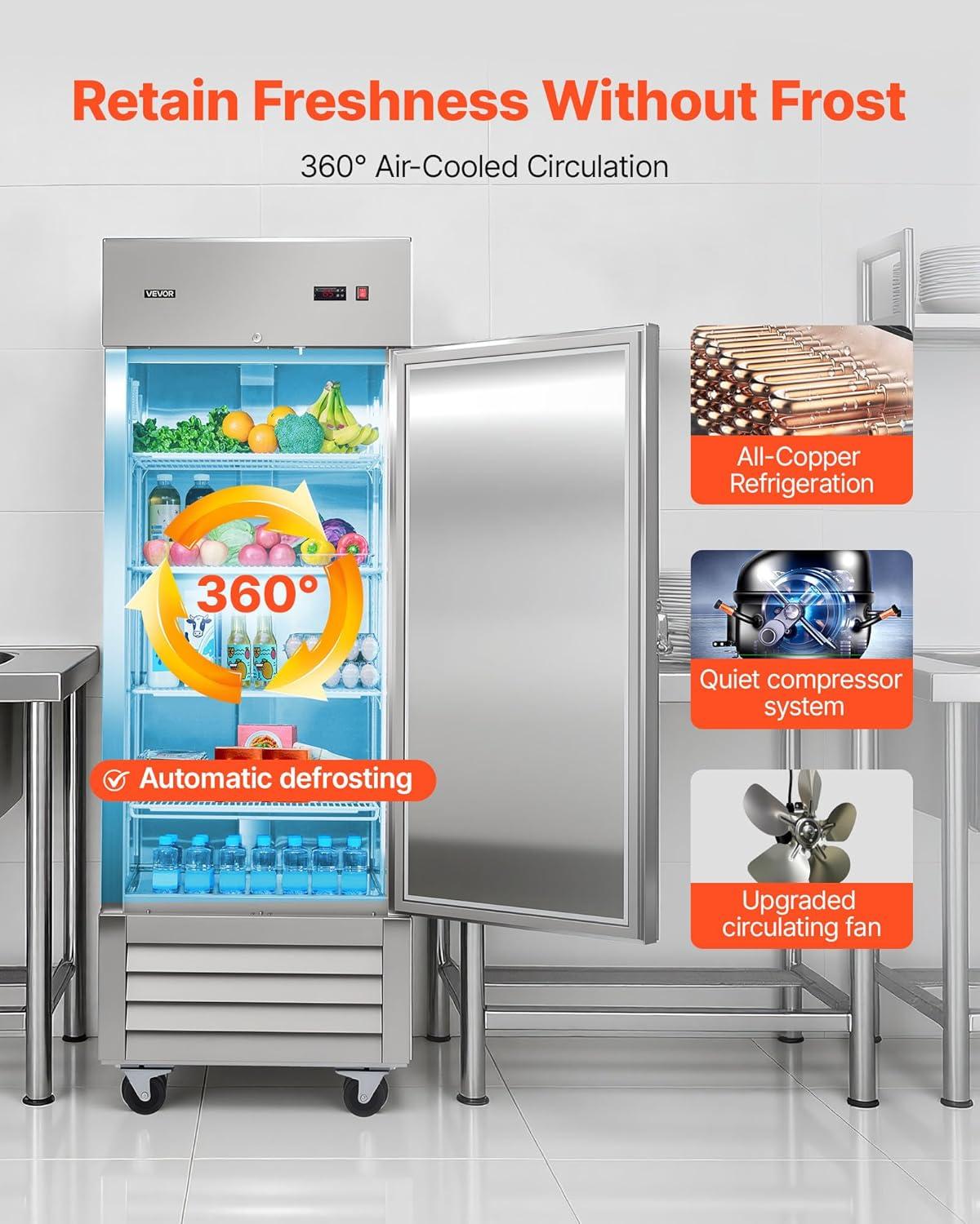 image:imageVEVOR Commercial ReachIn Refrigerator 29 W 22 CuFt Stainless Steel Upright Refrigerator with Single Glass Door AutoDefrost 4 Adjustable Shelves 32 to 50 Temp Control ETL Certified29W 1 DoorRefrigerator
