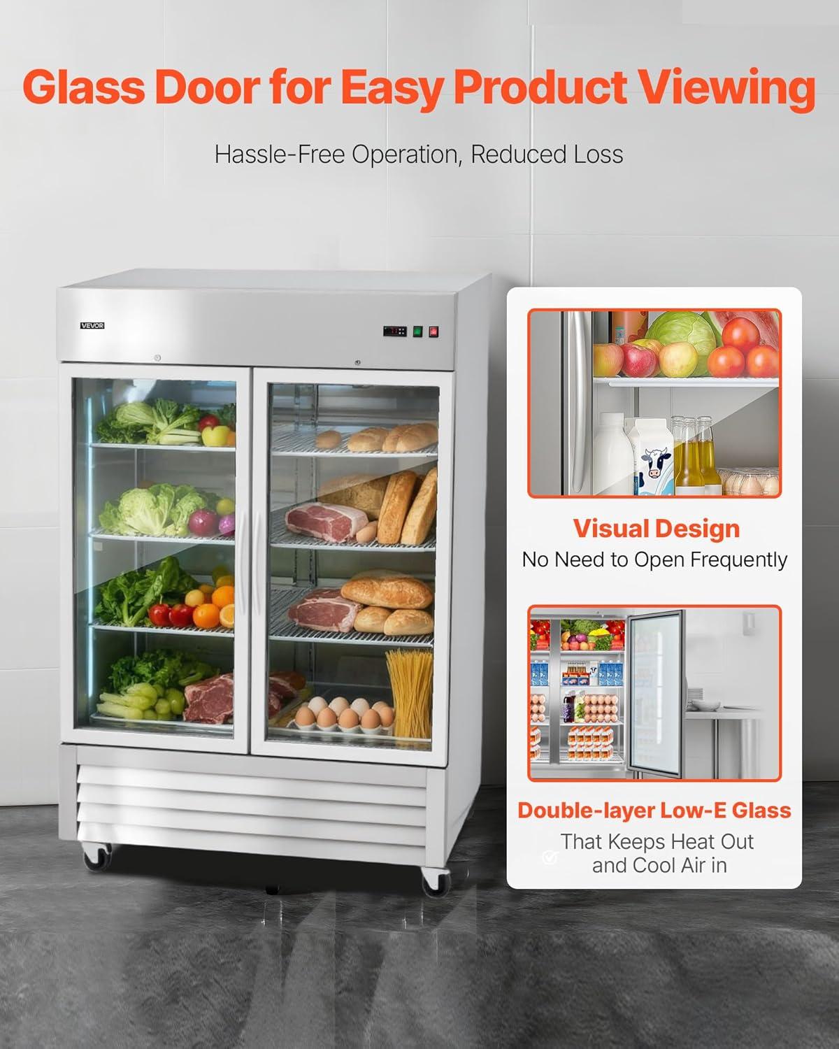 image:imageVEVOR Commercial ReachIn Refrigerator 29 W 22 CuFt Stainless Steel Upright Refrigerator with Single Glass Door AutoDefrost 4 Adjustable Shelves 32 to 50 Temp Control ETL Certified54W 2 Glass DoorsRefrigerator