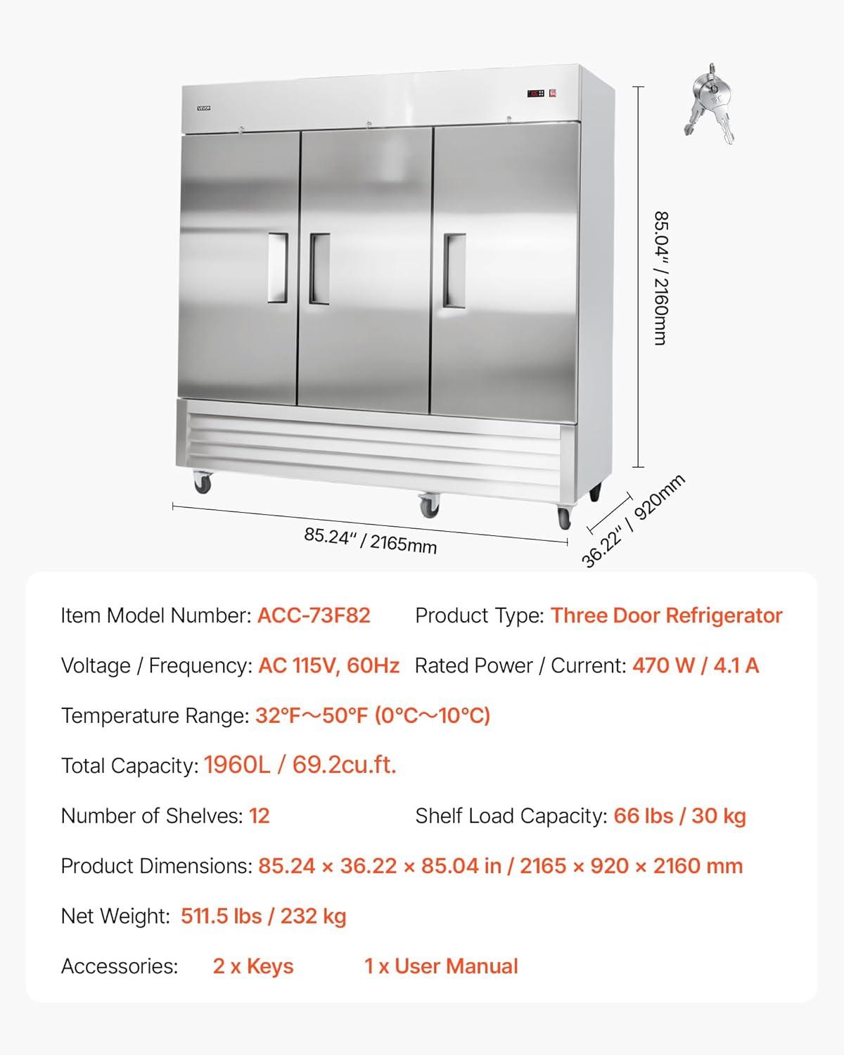 image:imageVEVOR Commercial ReachIn Refrigerator 29 W 22 CuFt Stainless Steel Upright Refrigerator with Single Glass Door AutoDefrost 4 Adjustable Shelves 32 to 50 Temp Control ETL Certified85W 3 DoorsRefrigerator