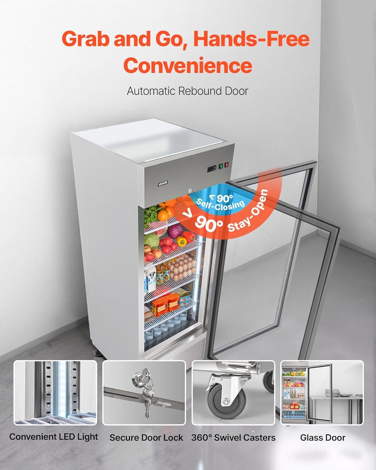 image:imageVEVOR Commercial ReachIn Refrigerator 29 W 22 CuFt Stainless Steel Upright Refrigerator with Single Glass Door AutoDefrost 4 Adjustable Shelves 32 to 50 Temp Control ETL Certified29W 1 Glass DoorRefrigerator