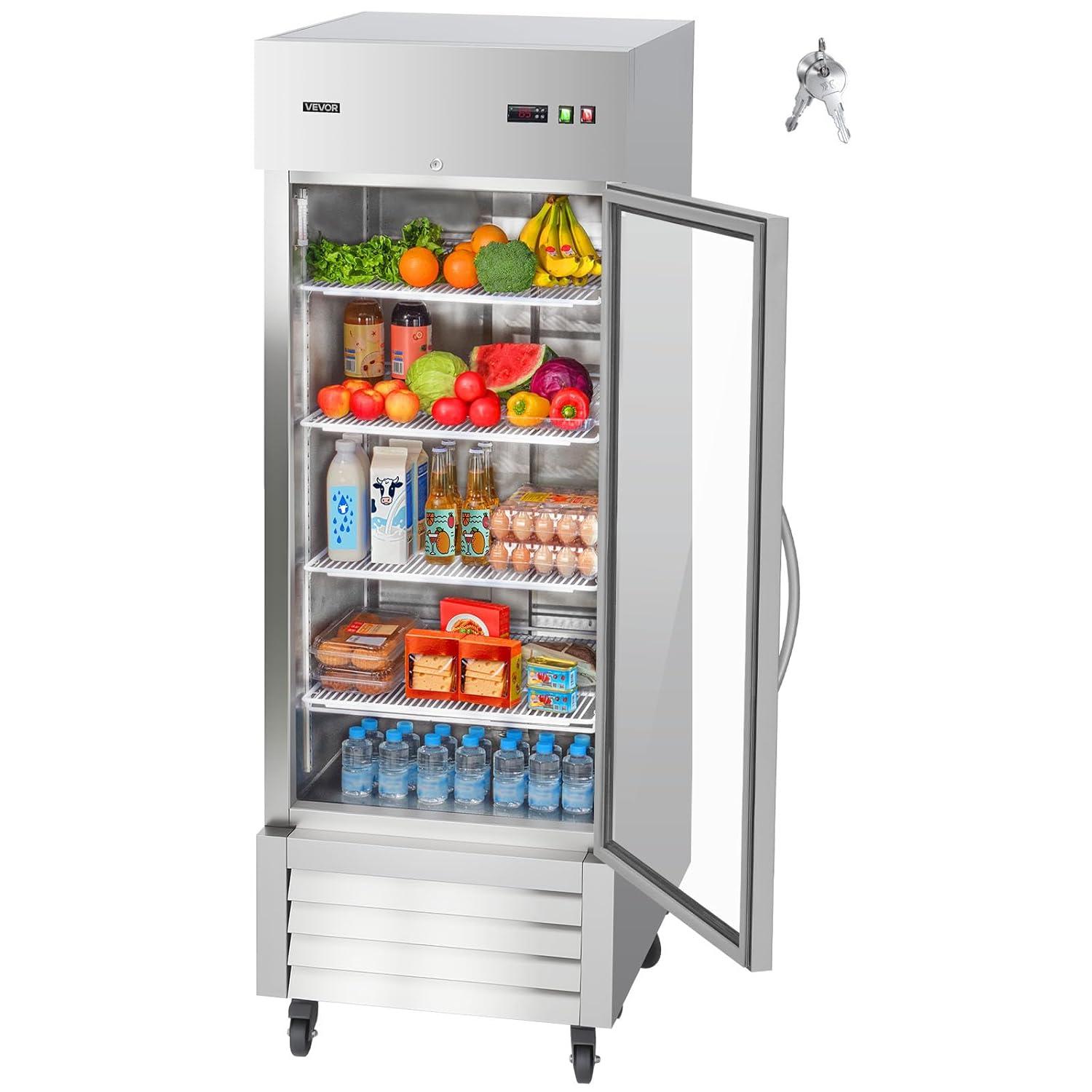 image:imageVEVOR Commercial ReachIn Refrigerator 29 W 22 CuFt Stainless Steel Upright Refrigerator with Single Glass Door AutoDefrost 4 Adjustable Shelves 32 to 50 Temp Control ETL Certified29W 1 Glass DoorRefrigerator