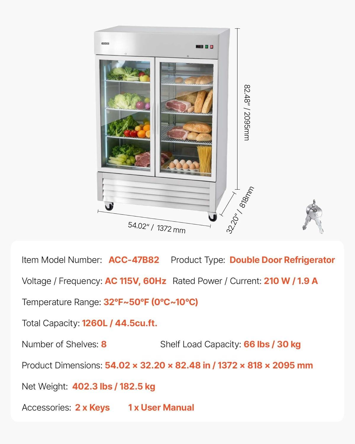 image:imageVEVOR Commercial ReachIn Refrigerator 29 W 22 CuFt Stainless Steel Upright Refrigerator with Single Glass Door AutoDefrost 4 Adjustable Shelves 32 to 50 Temp Control ETL Certified54W 2 Glass DoorsRefrigerator