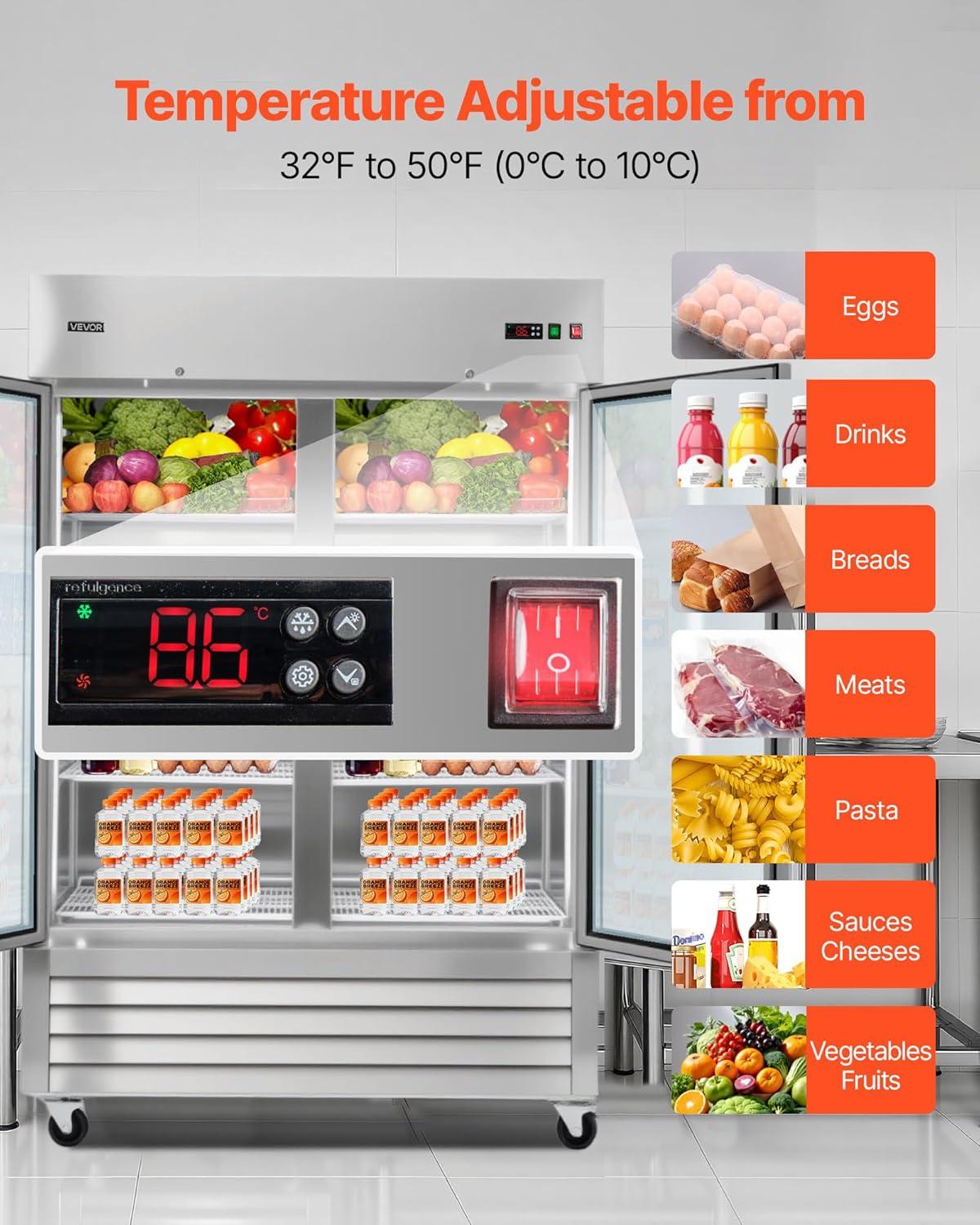 image:imageVEVOR Commercial ReachIn Refrigerator 29 W 22 CuFt Stainless Steel Upright Refrigerator with Single Glass Door AutoDefrost 4 Adjustable Shelves 32 to 50 Temp Control ETL Certified54W 2 Glass DoorsRefrigerator